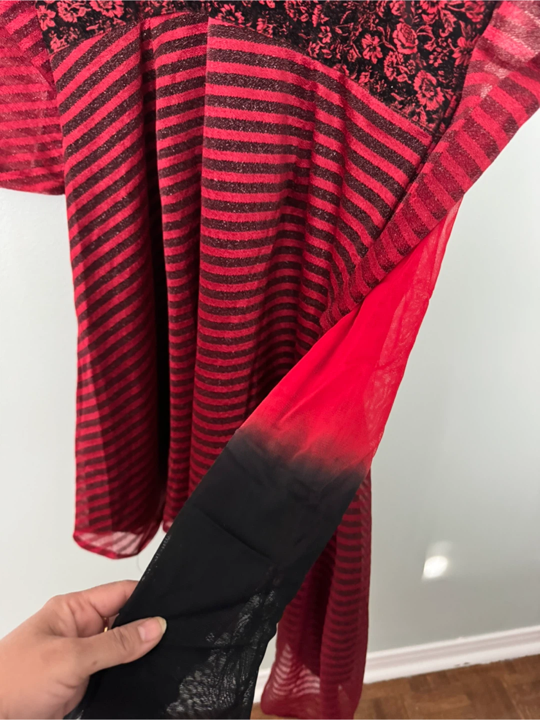 Red and Black Striped Dress with Floral Bodice - photo 4