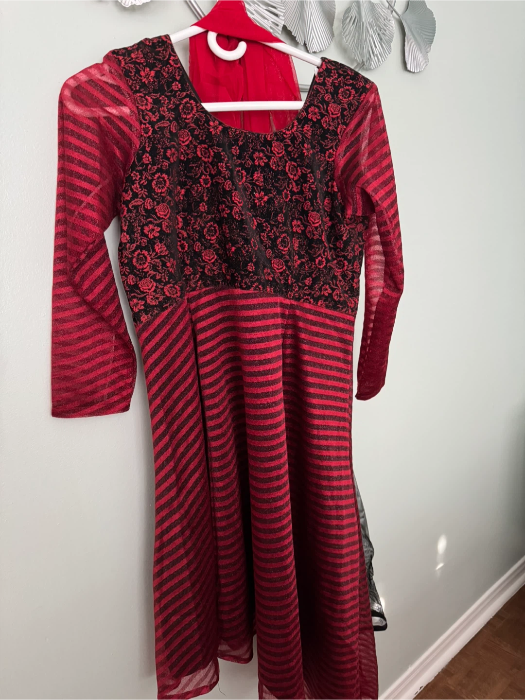 Red and Black Striped Dress with Floral Bodice