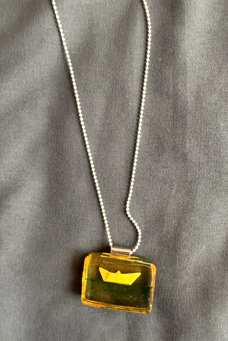 Handmade Resin Pendant Necklace with Yellow Paper Boat - photo 2