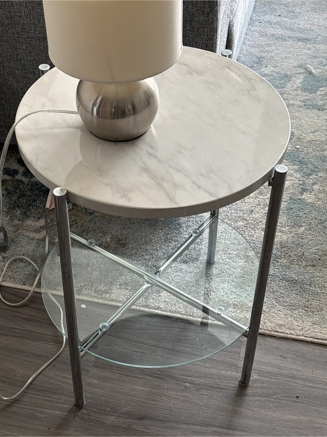 Round Marble Top Side Table with Glass Shelf