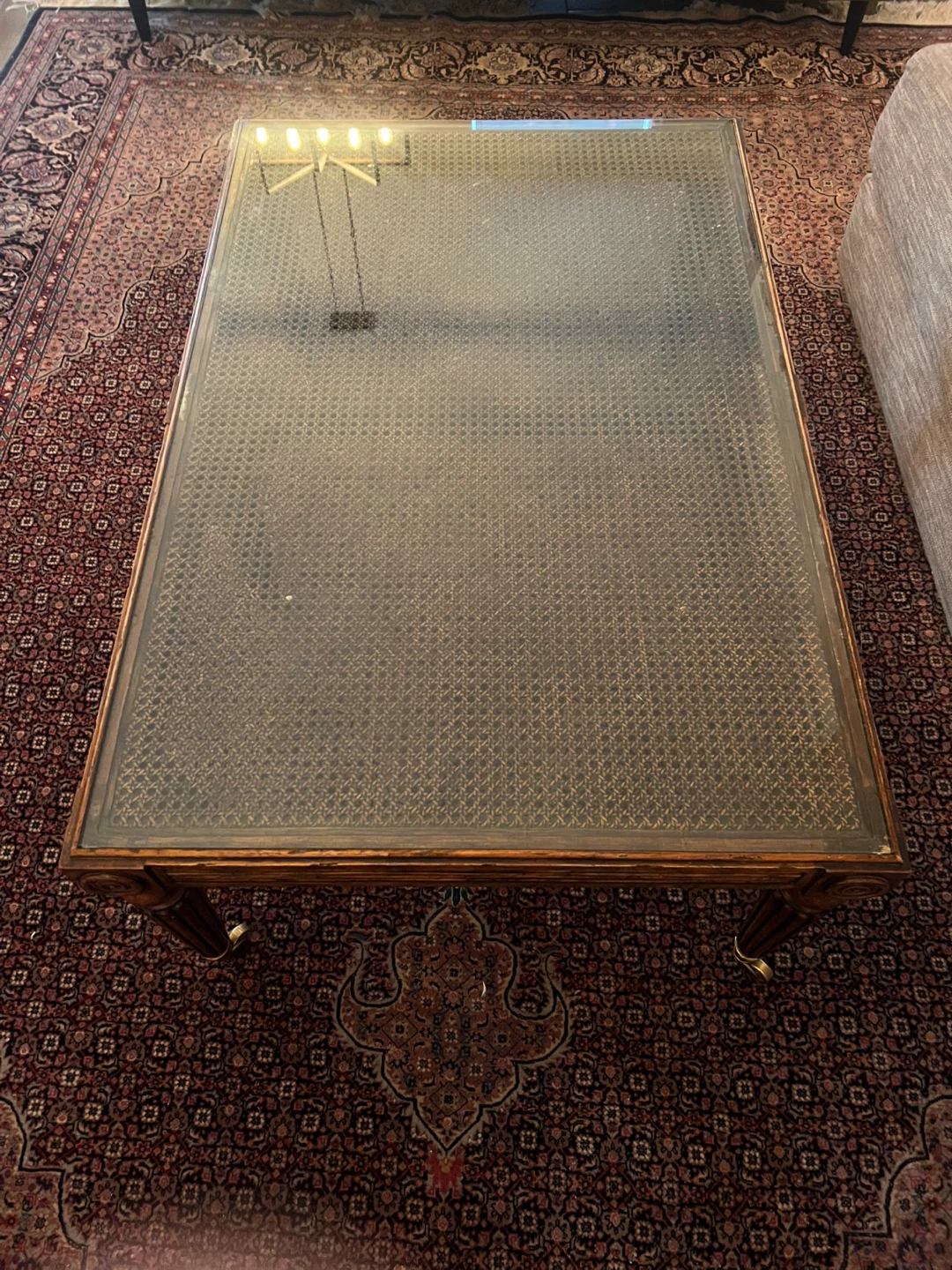 Vintage Glass Top Coffee Table with Wicker Detail