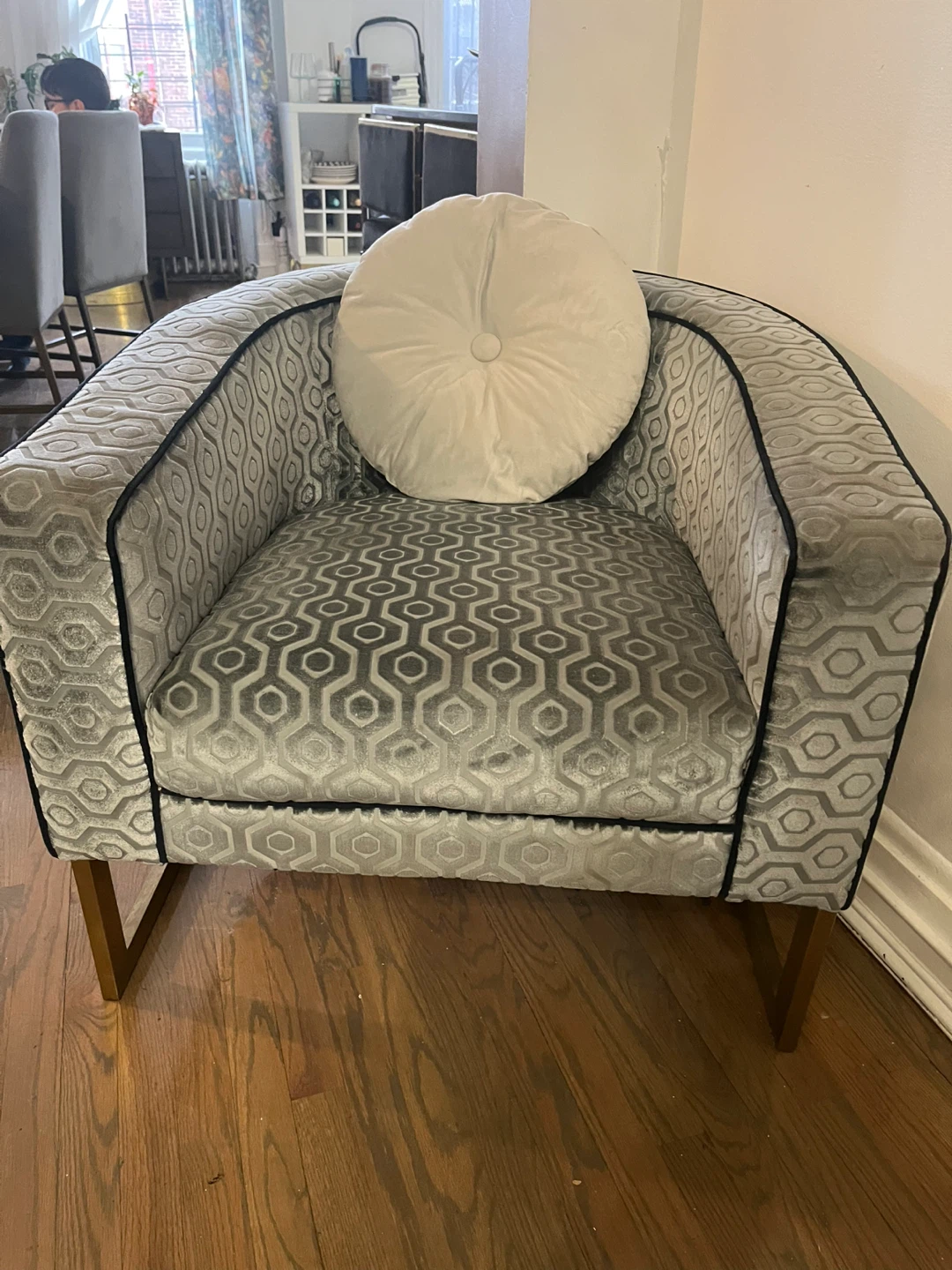 Grey Hexagon Pattern Accent Chair with Gold Base