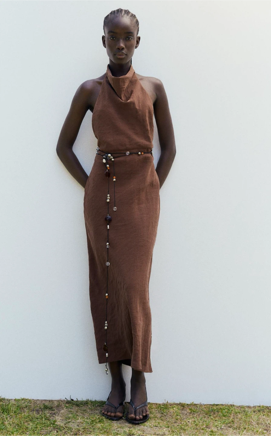 ZARABrown Linen Halter Maxi Dress ORIGINALLY $98