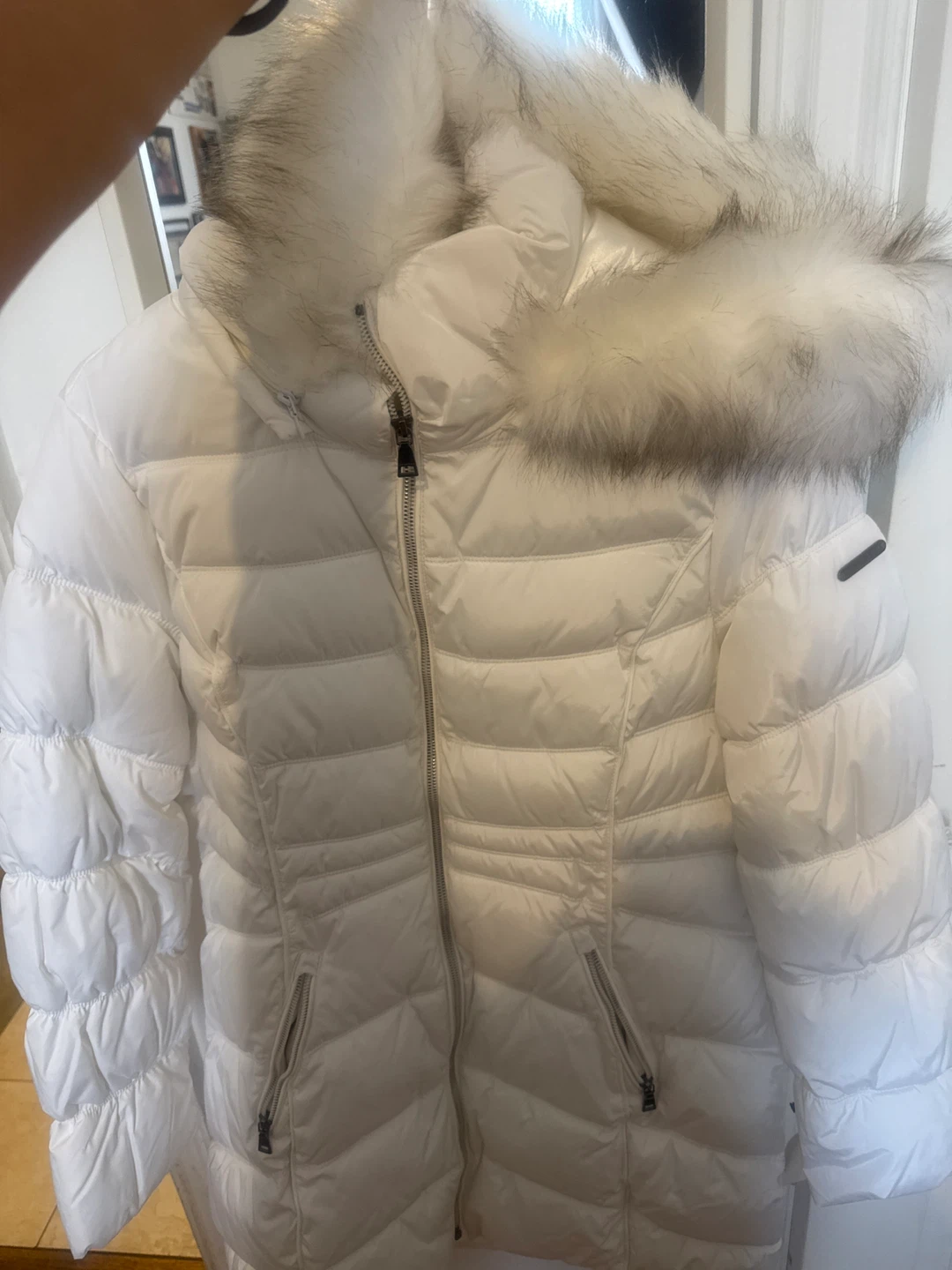 Calvin Klein White Down Puffer Coat with Faux Fur Hood - Size L