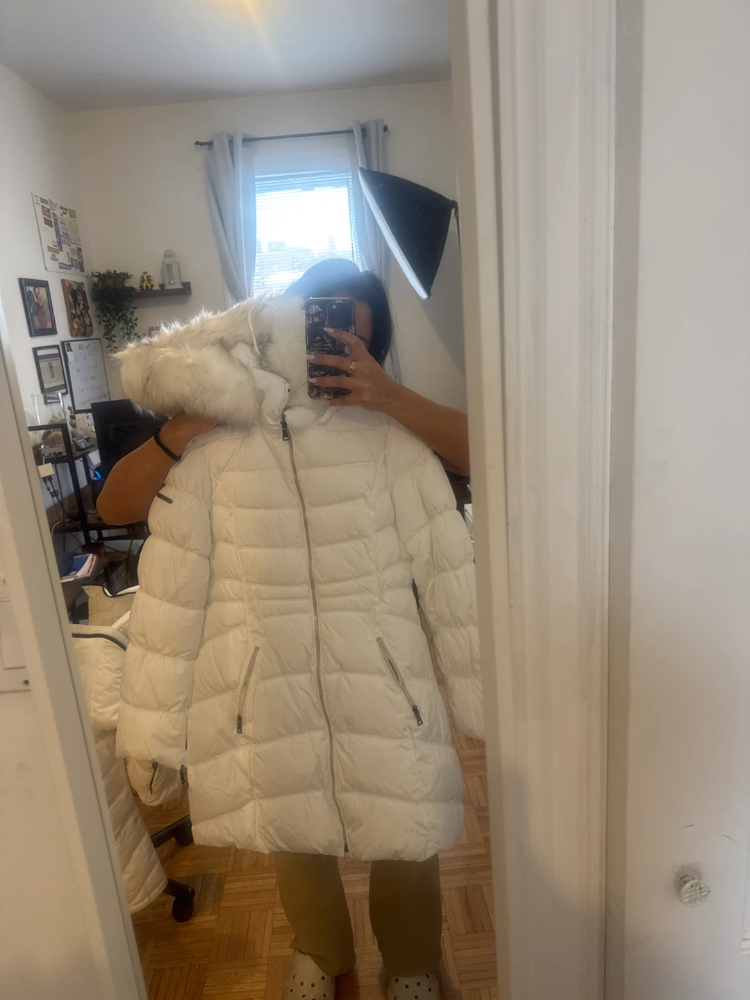 Calvin Klein White Down Puffer Coat with Faux Fur Hood - Size L - photo 2