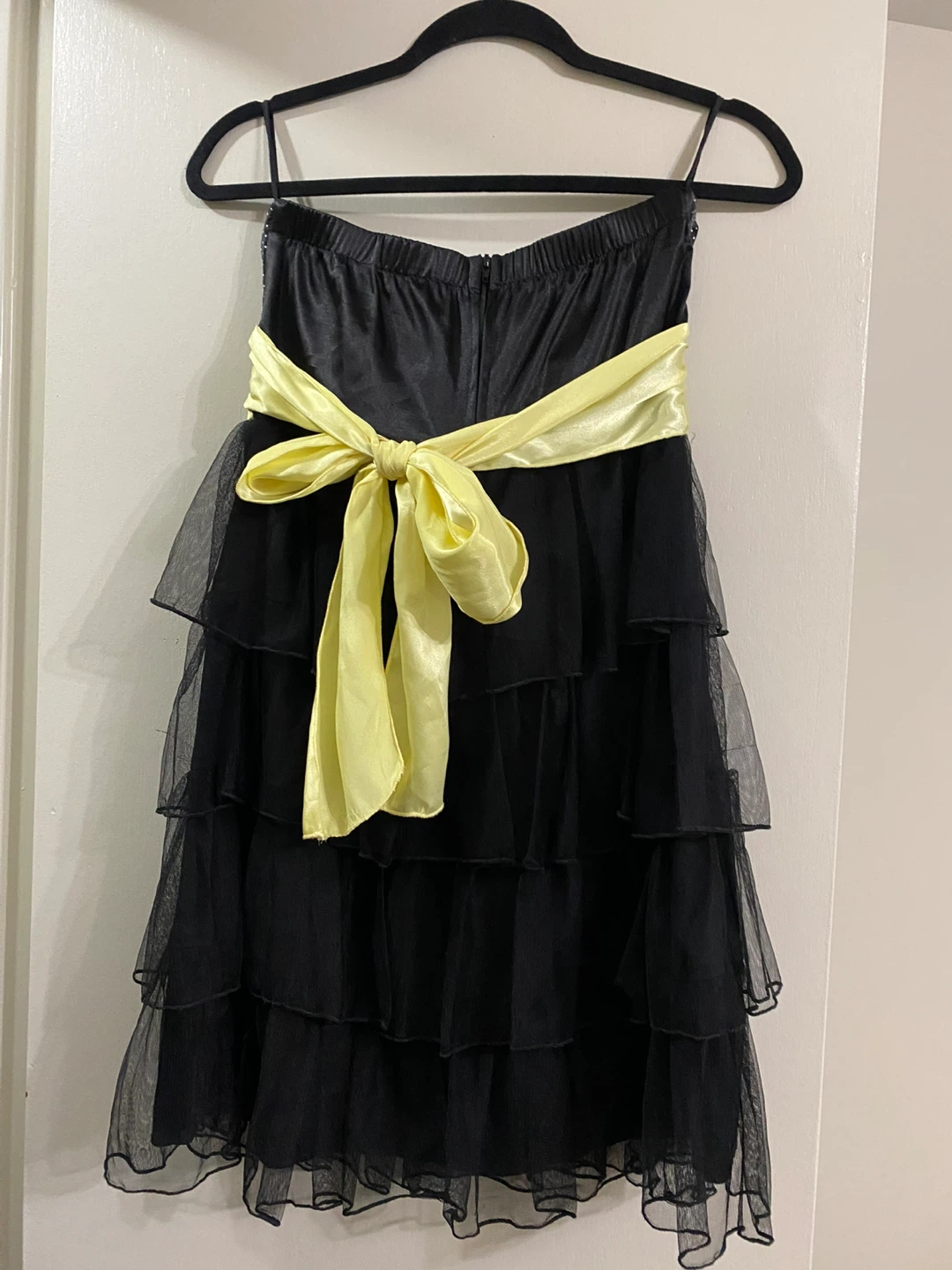 Strapless Black and Polka Dot Dress with Yellow Sash - photo 2