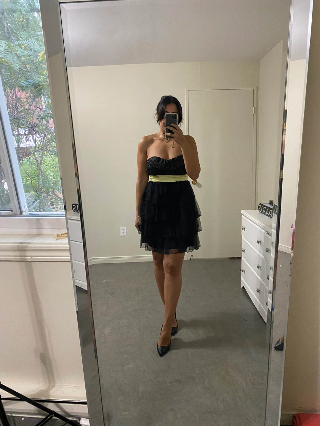 Strapless Black and Polka Dot Dress with Yellow Sash