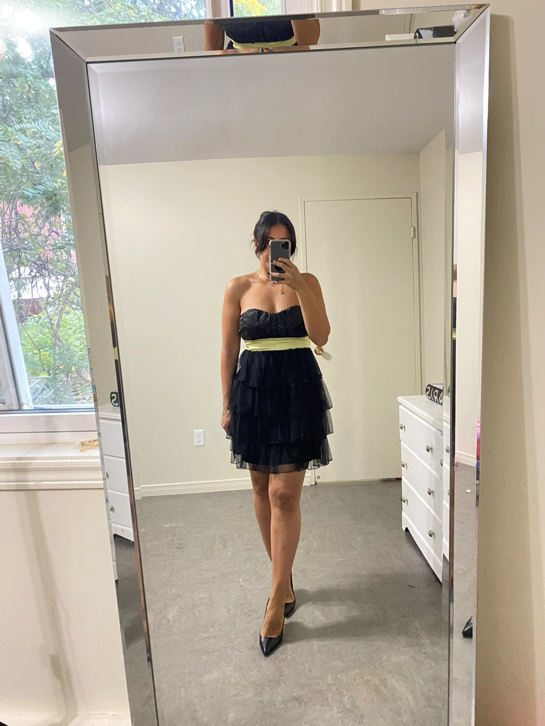 Strapless Black and Polka Dot Dress with Yellow Sash - photo 5