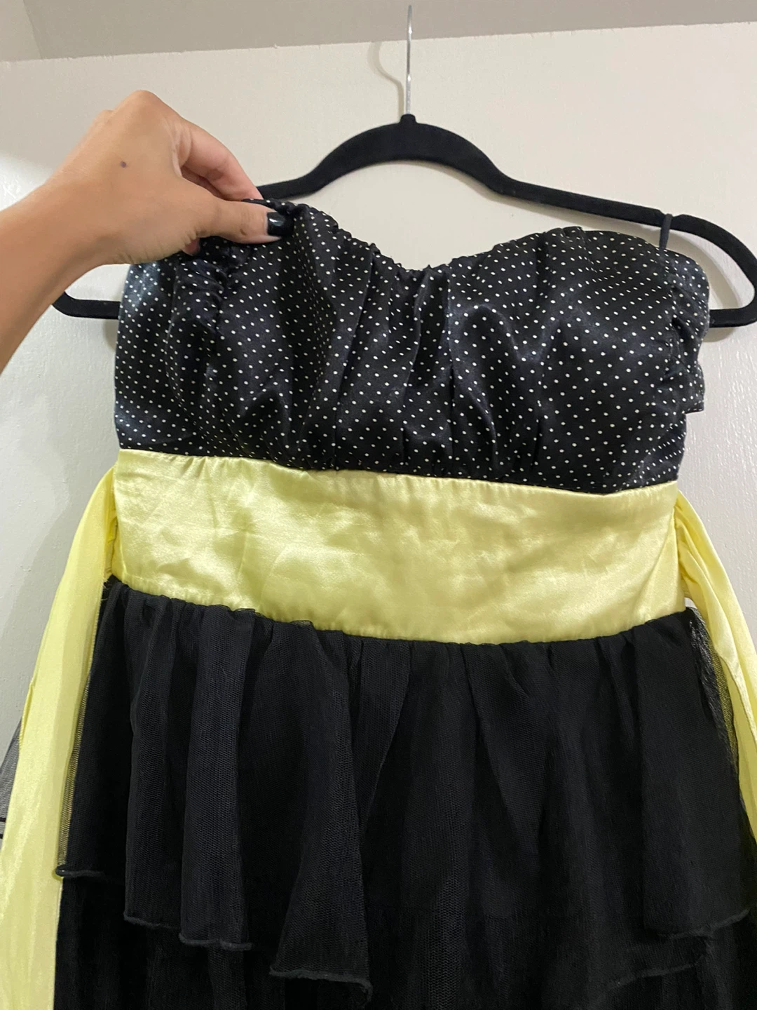 Strapless Black and Polka Dot Dress with Yellow Sash - photo 3