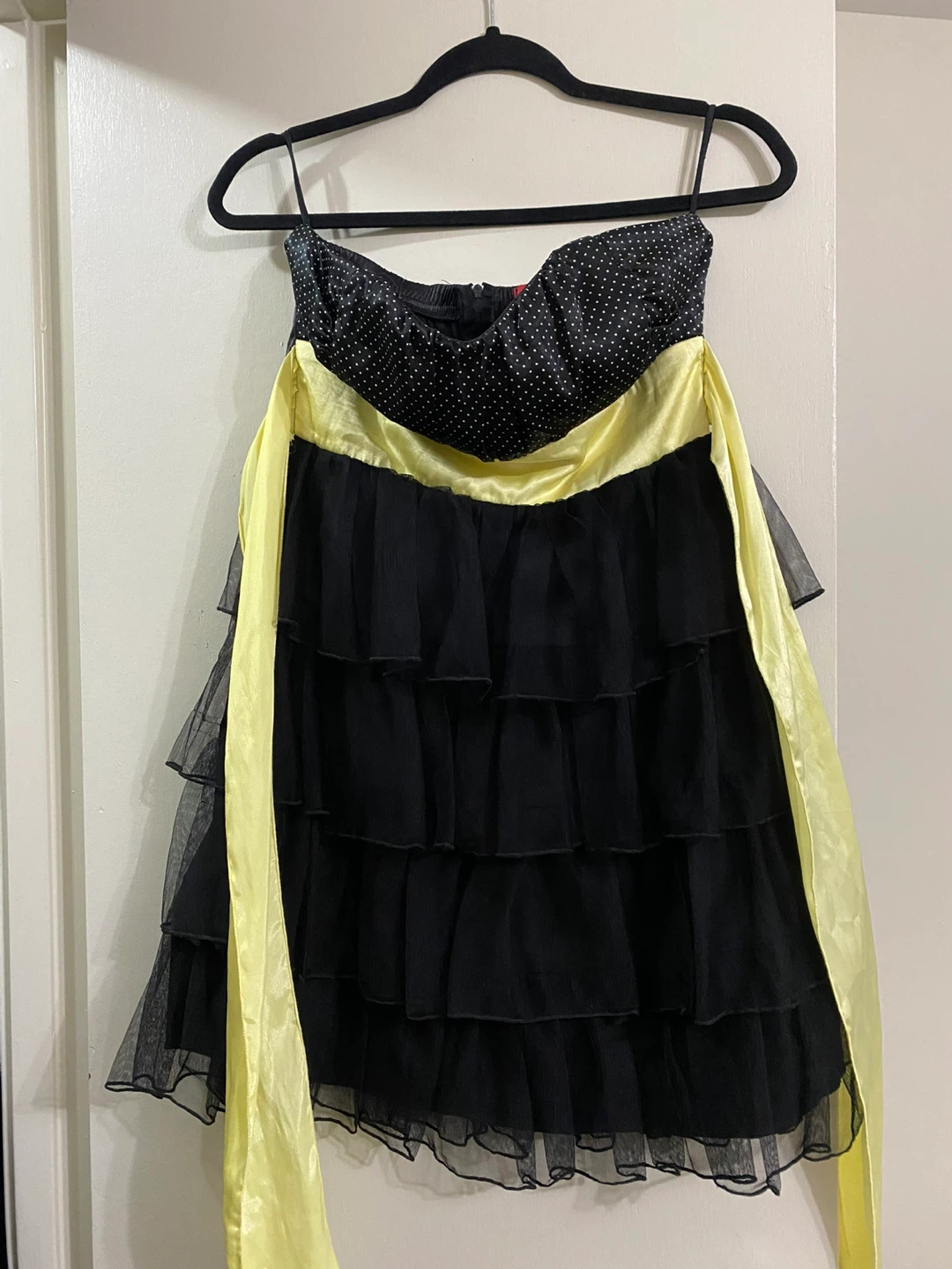 Strapless Black and Polka Dot Dress with Yellow Sash - photo 4