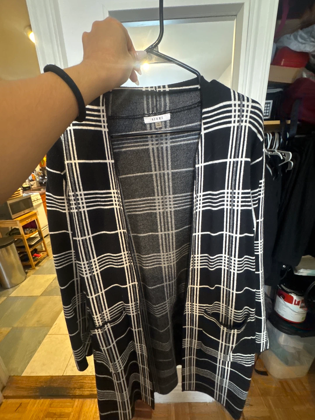 Sioni Plaid Cardigan Sweater - Black & White - Size M