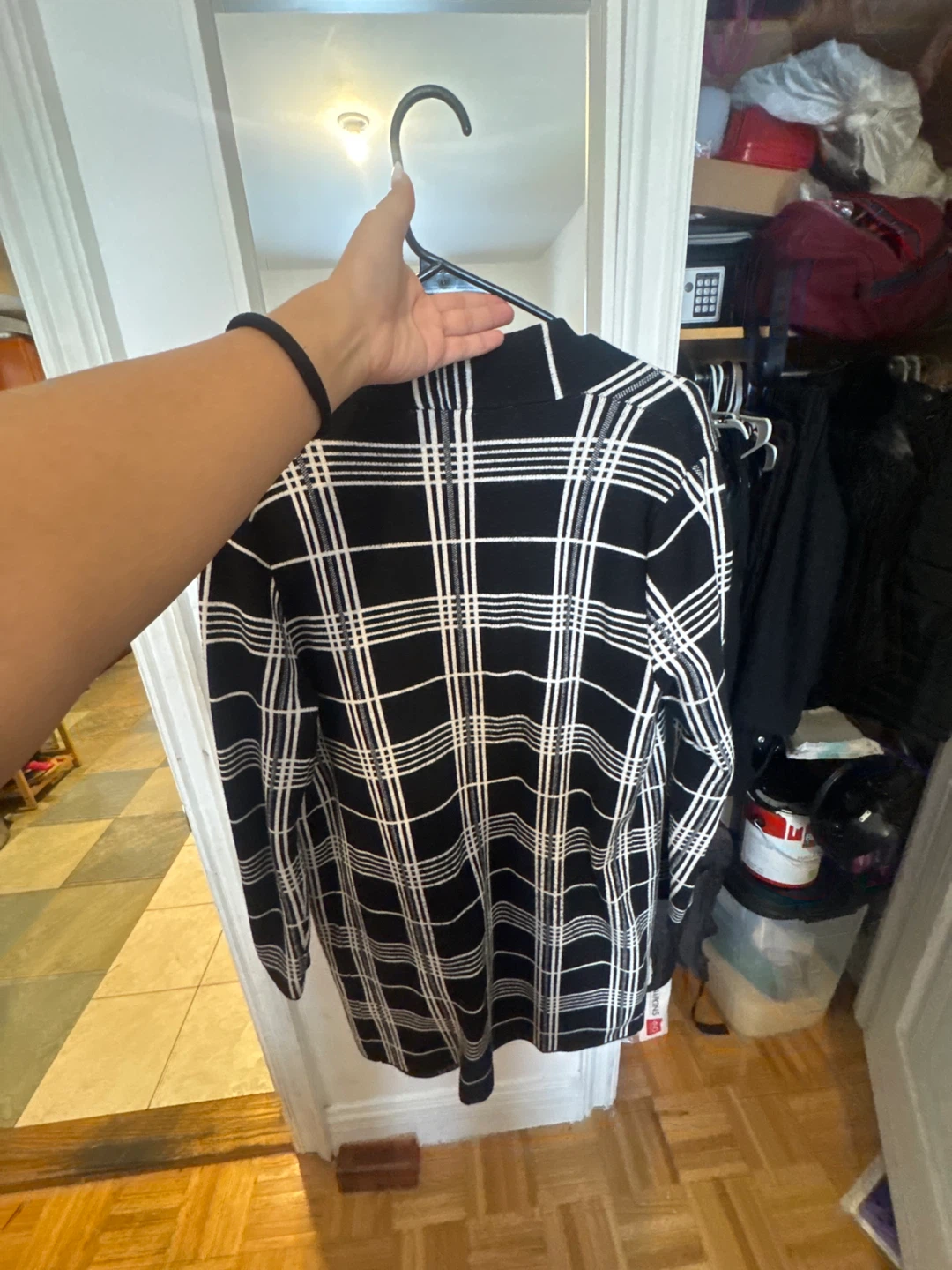 Sioni Plaid Cardigan Sweater - Black & White - Size M - photo 2