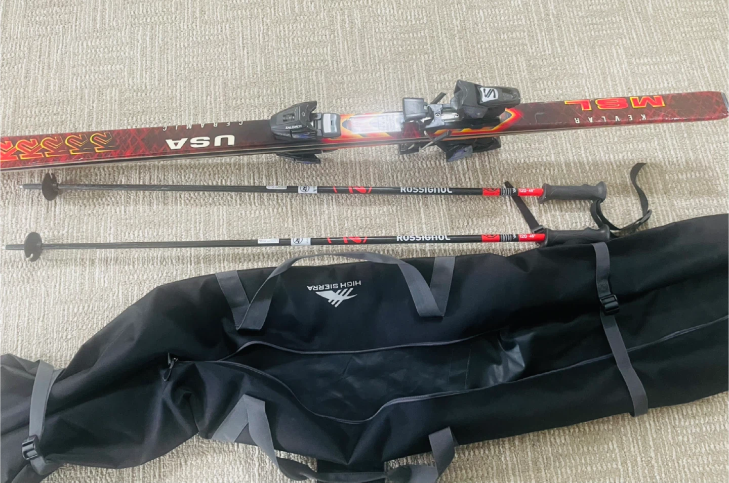 Salomon USA Skis with Rossignol Poles and Ski Bag