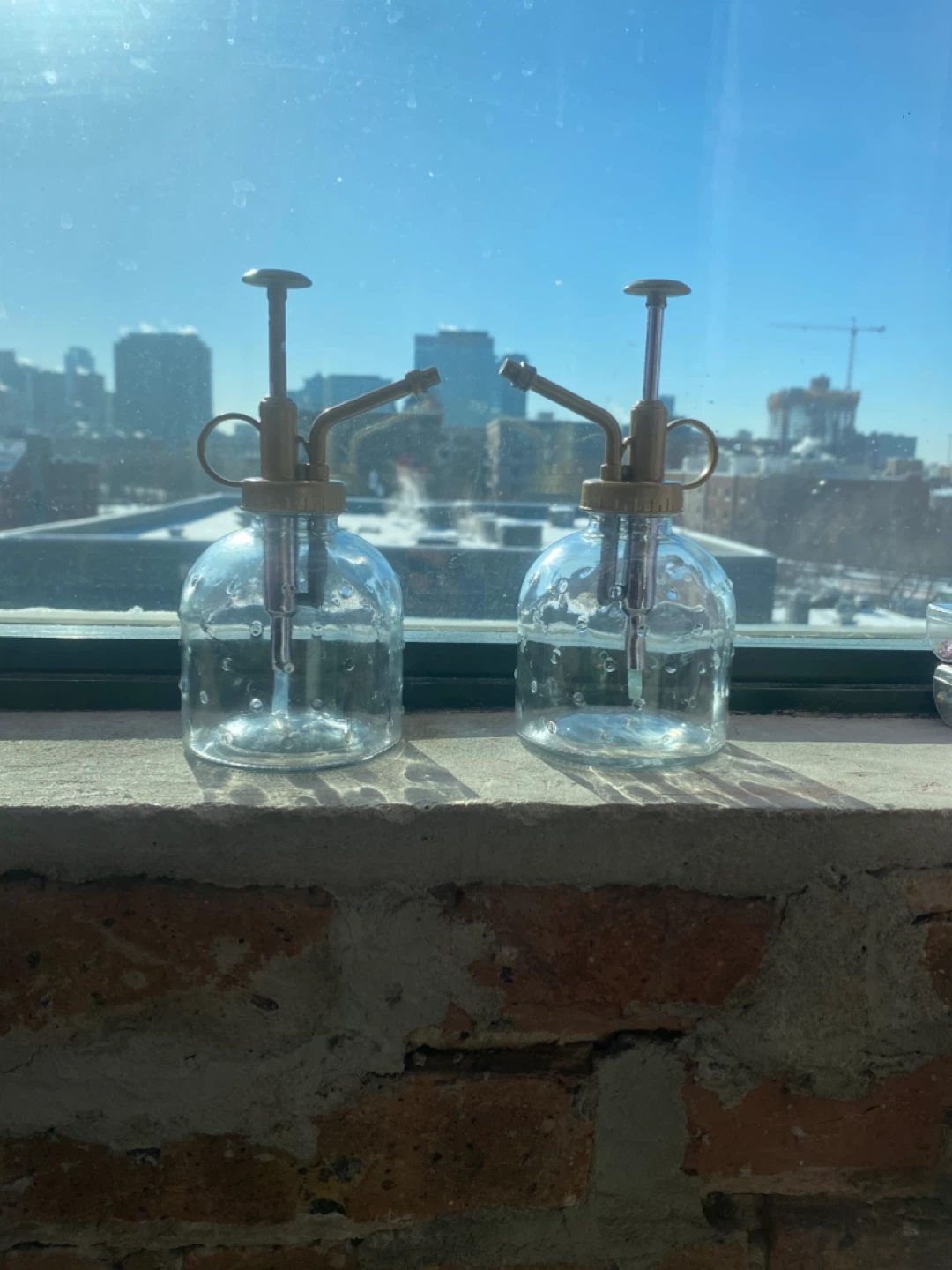 Set of 2 Clear Glass Plant Misters with Brass Accents