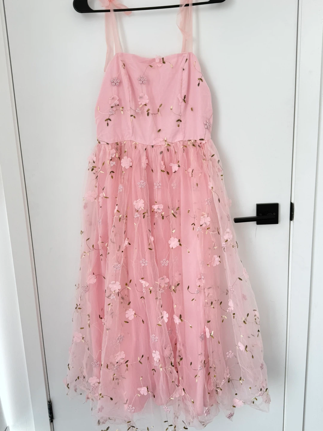 Pink Floral Tulle Dress with Tie Straps
