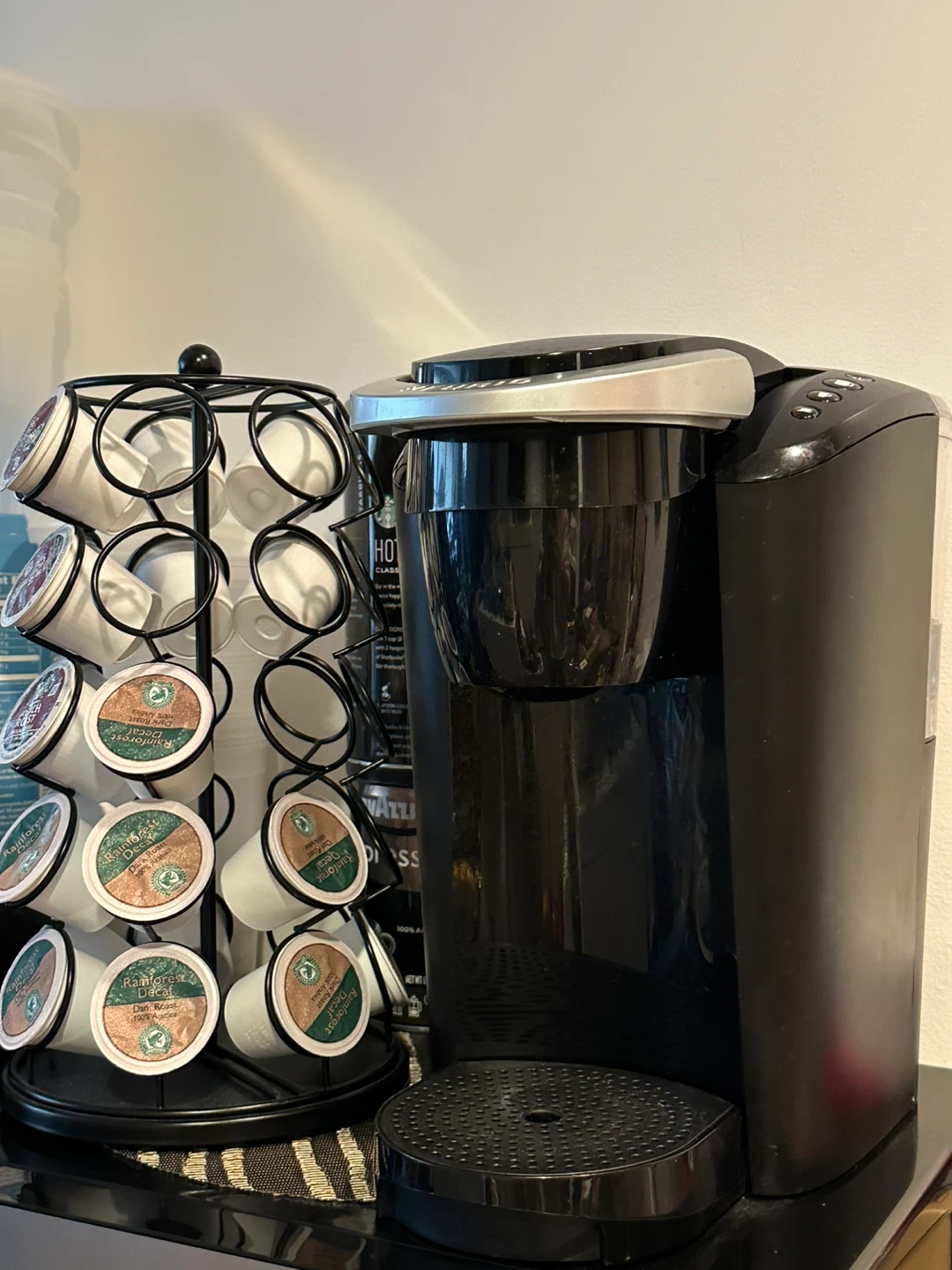 Keurig K-Cup Coffee Maker w capsule stand.