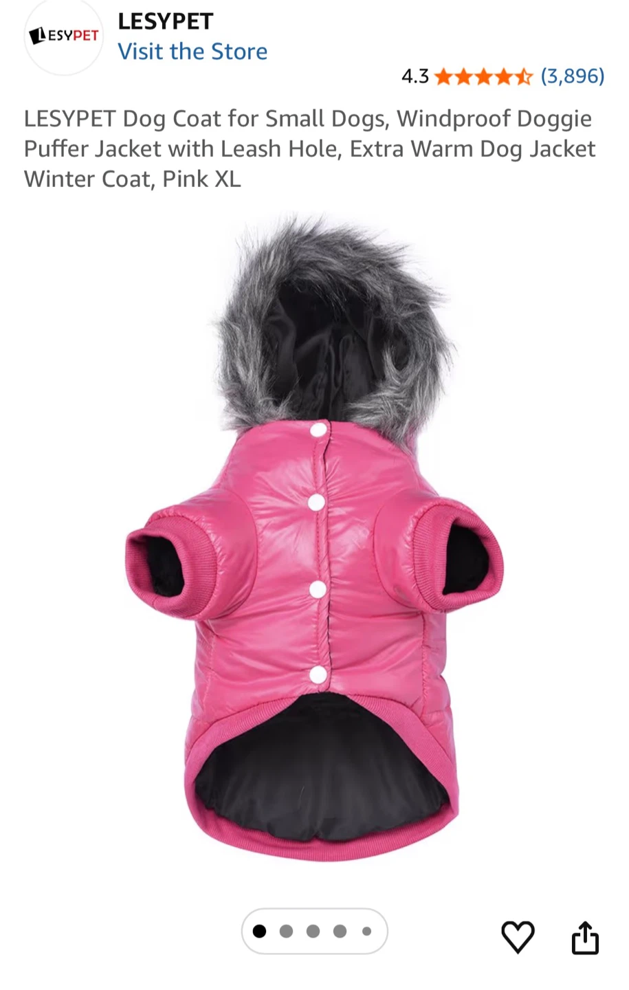 LESYPET Pink Dog Puffer Jacket with Leash Hole - Size XL