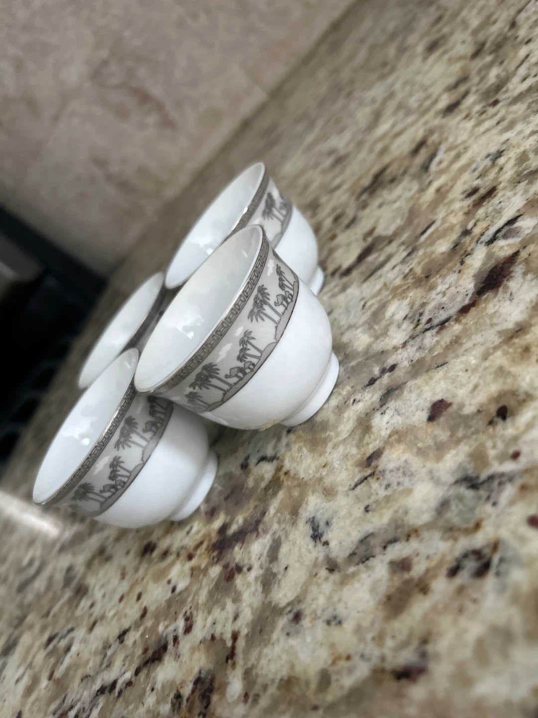 Set of 4 White Coffee Cups with Palm Tree Design