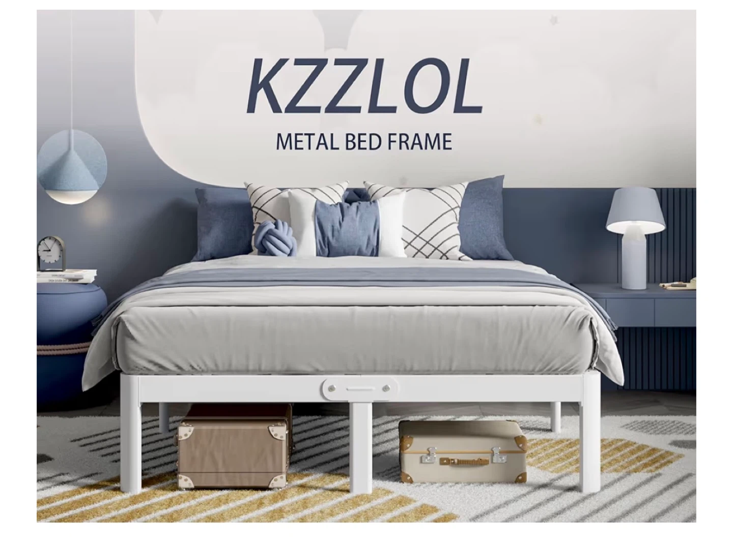 KZZLOL White Metal Bed Frame - King Size, 16 Inch Height