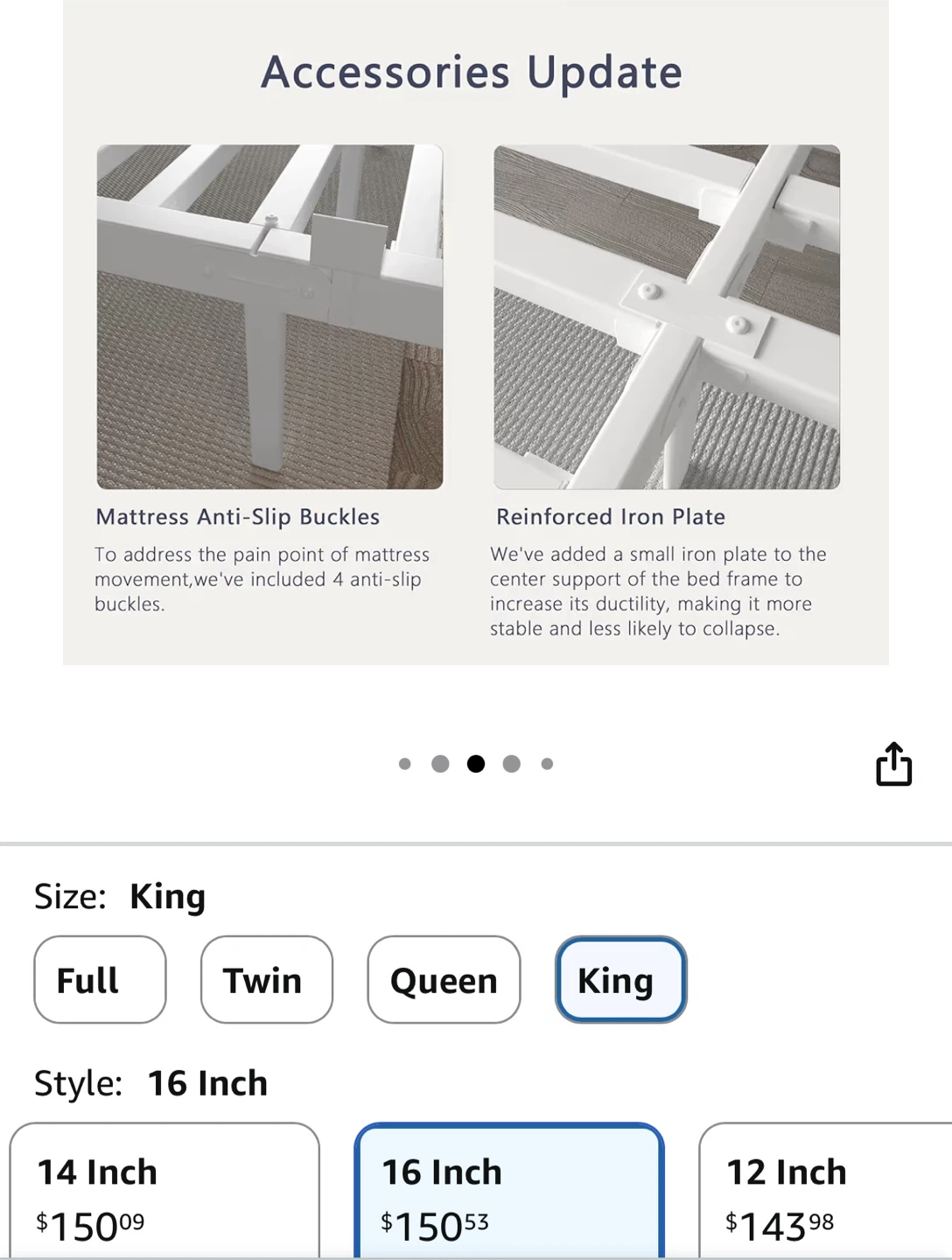 KZZLOL White Metal Bed Frame - King Size, 16 Inch Height - photo 4