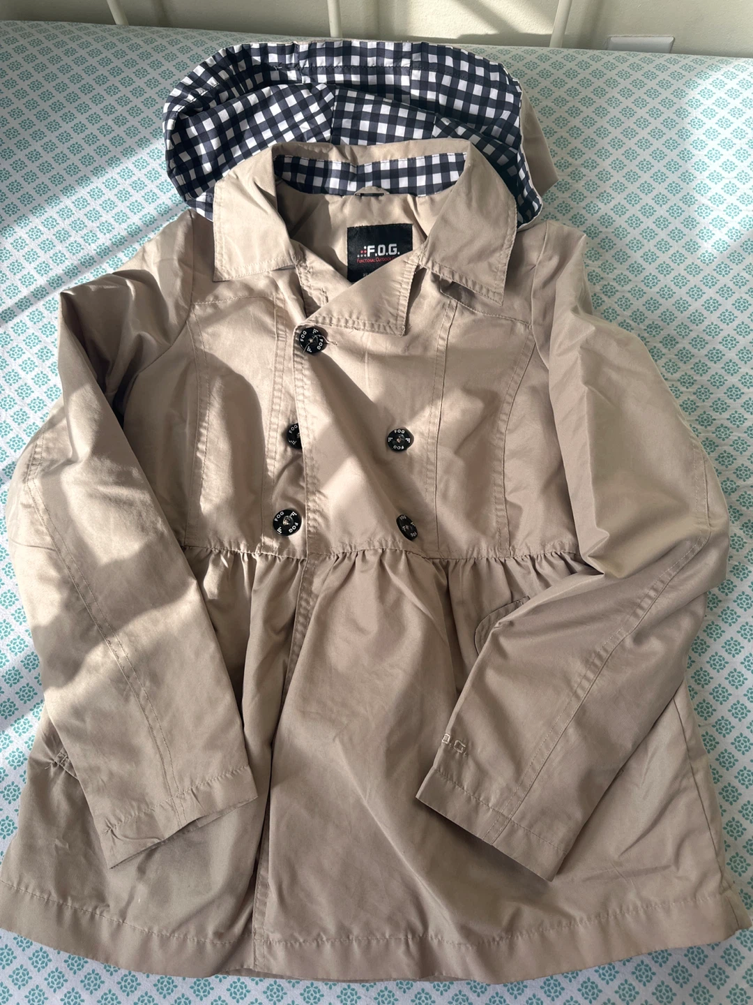 F.O.G. Beige Trench Coat with Gingham Hood