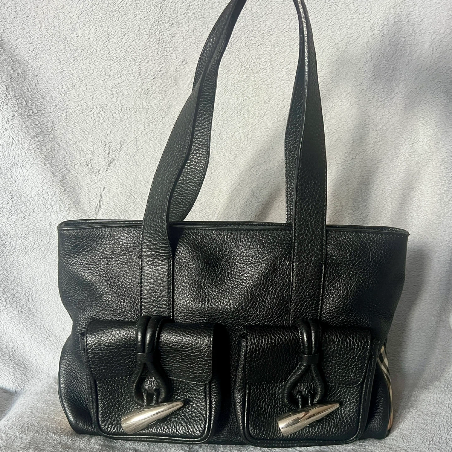 Burberry Black Leather Tote Bag with Haymarket Check Accent