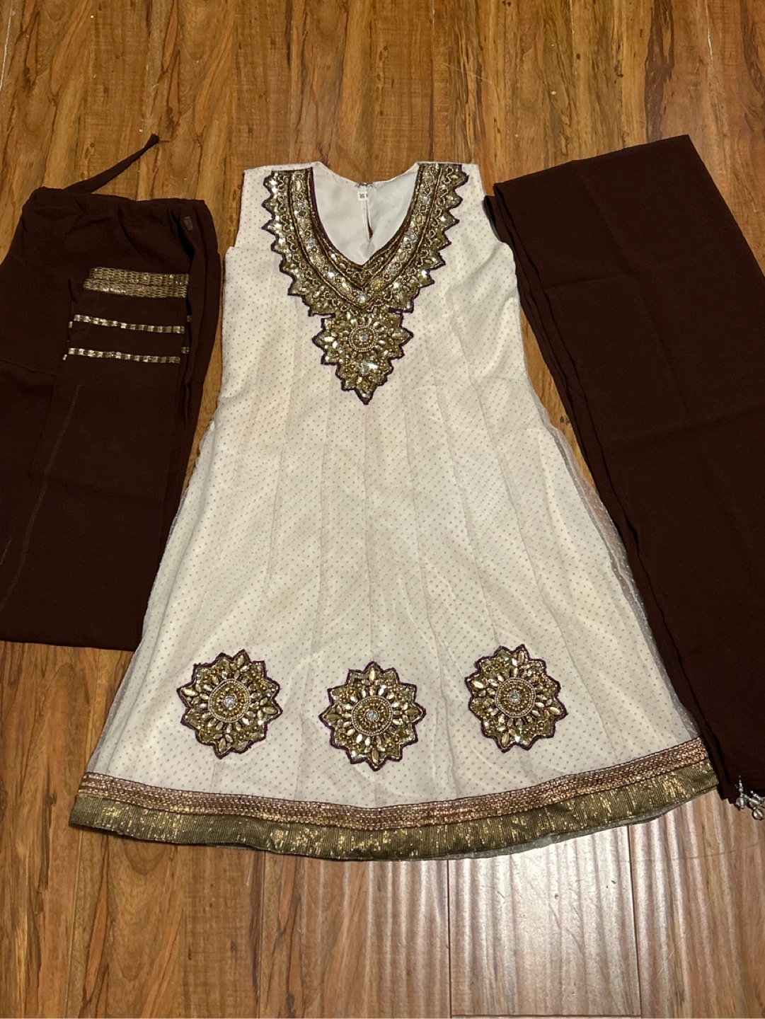 White and Brown Embellished Anarkali Suit