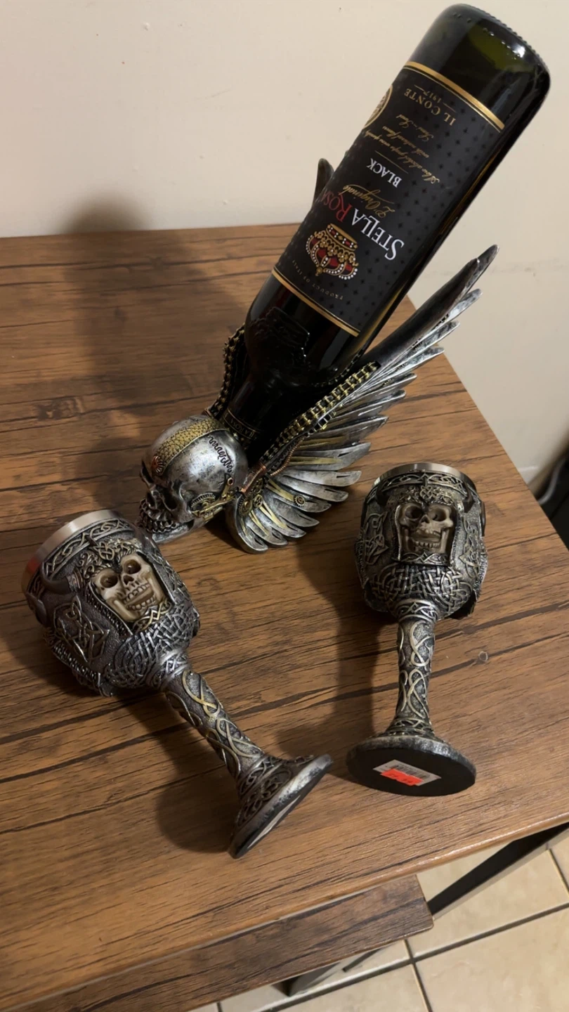 Gothic Skull Wine Bottle Holder with 2 Goblets - photo 2