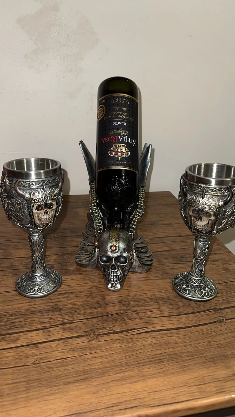 Gothic Skull Wine Bottle Holder with 2 Goblets - photo 3