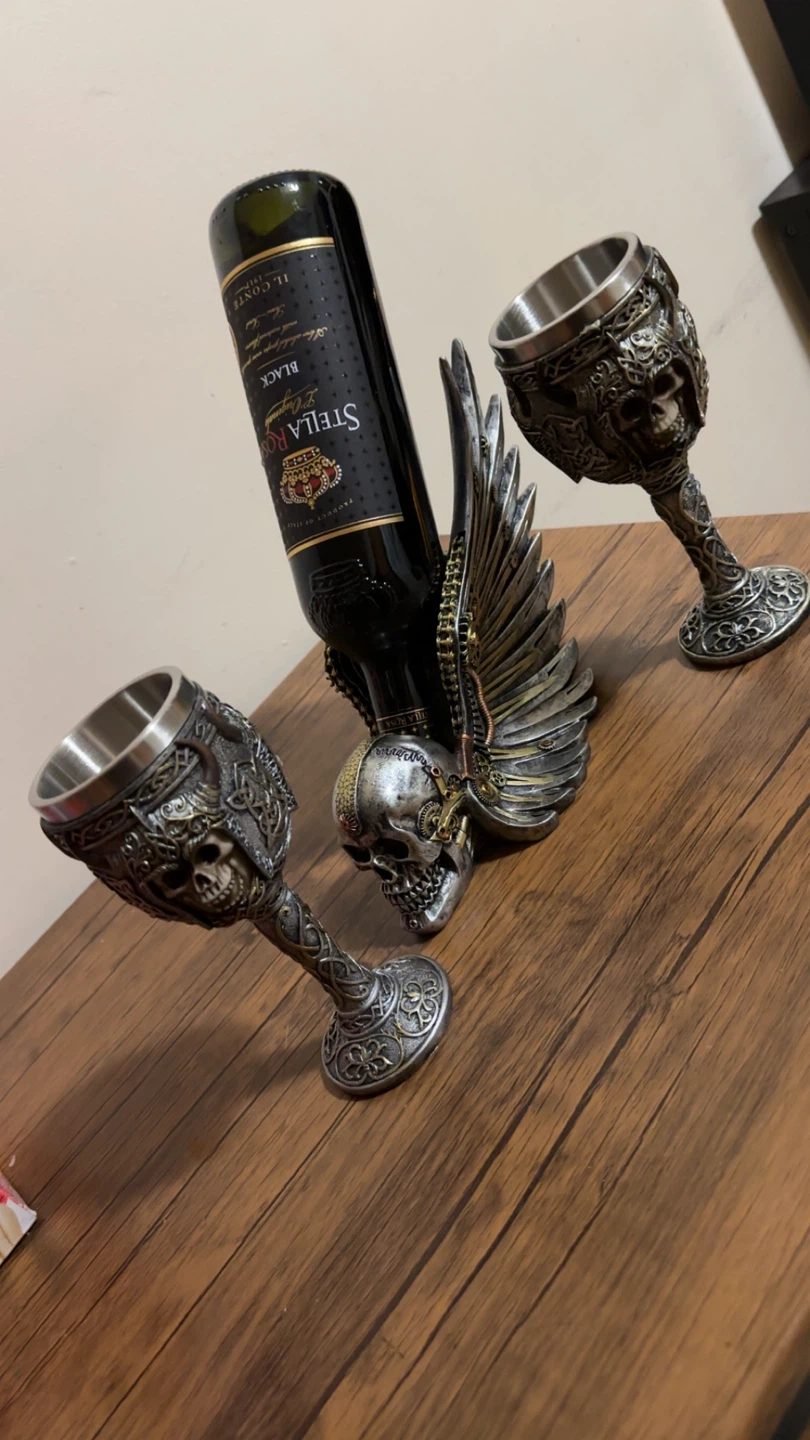 Gothic Skull Wine Bottle Holder with 2 Goblets