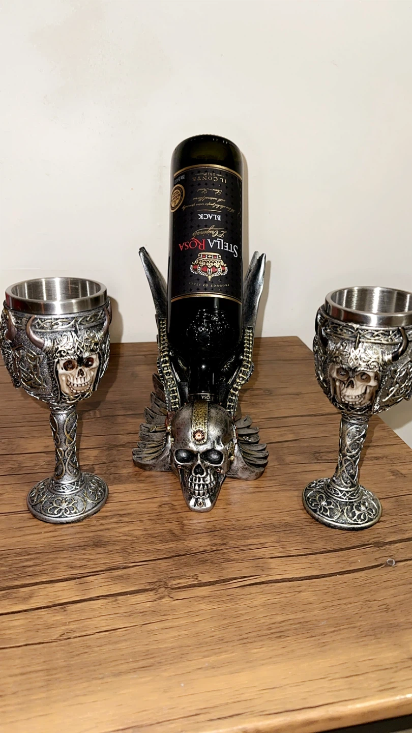 Gothic Skull Wine Bottle Holder with 2 Goblets - photo 4