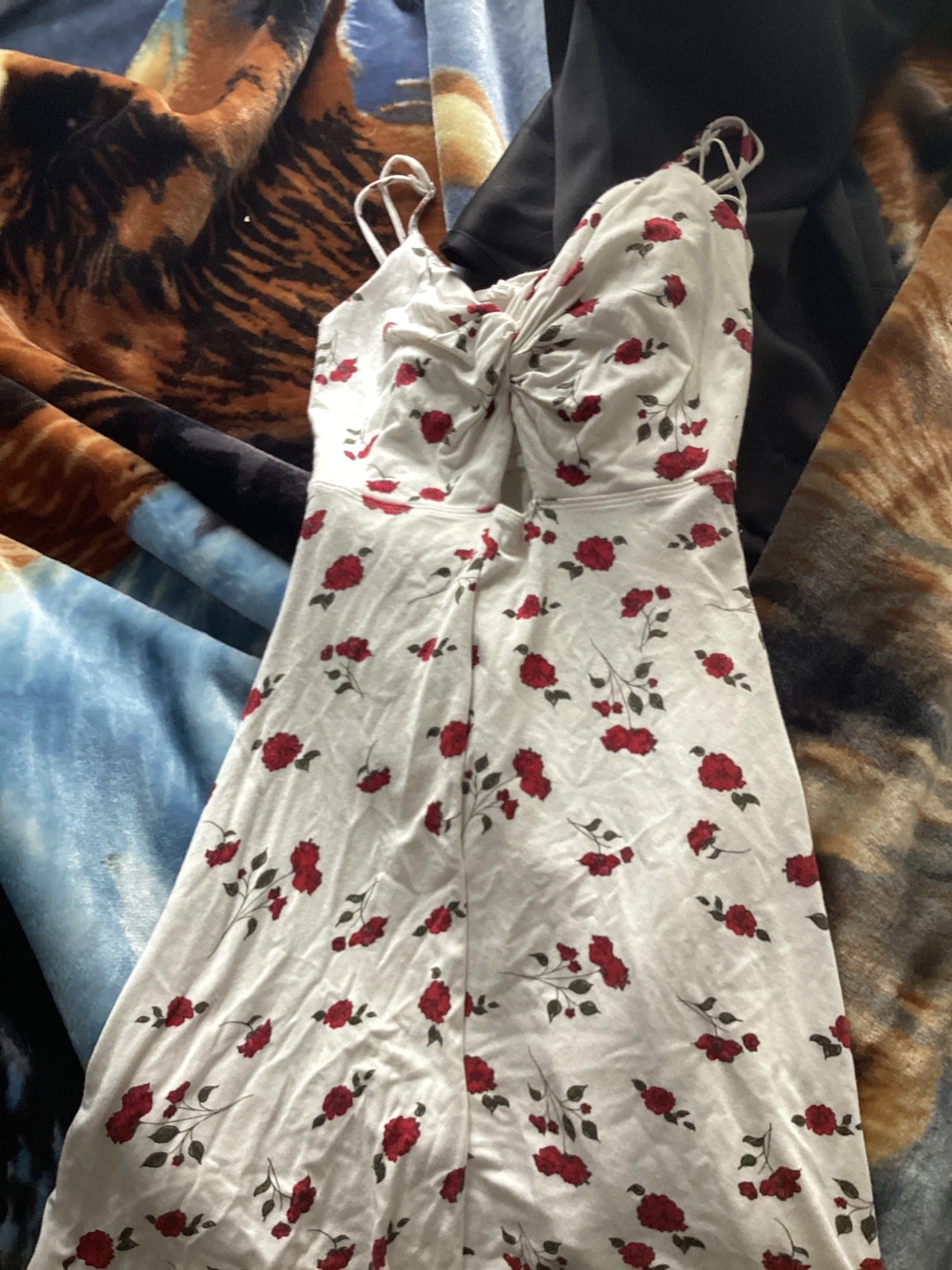 White Dress with Red Rose Print