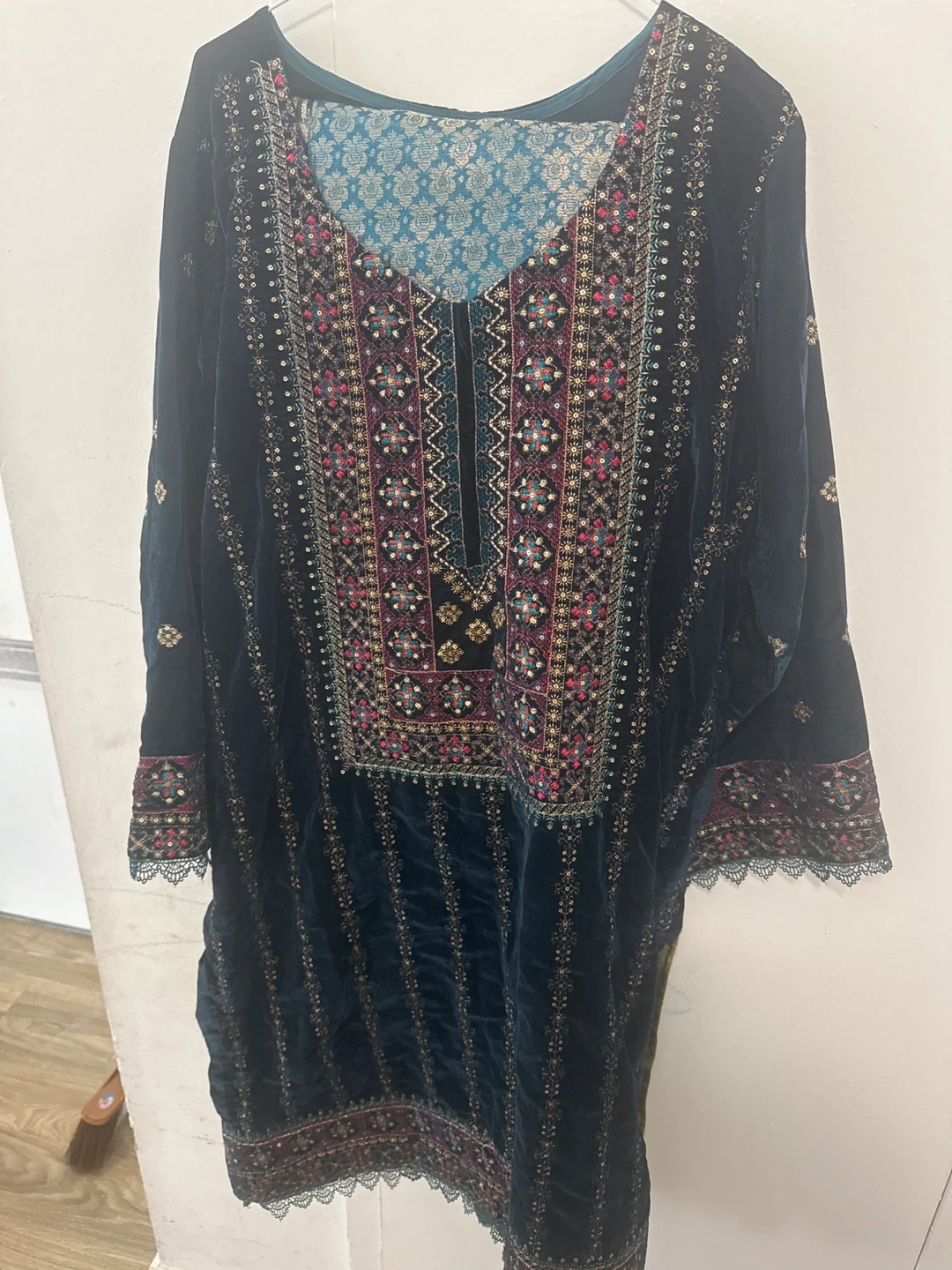 Embroidered Velvet Kurti - Teal