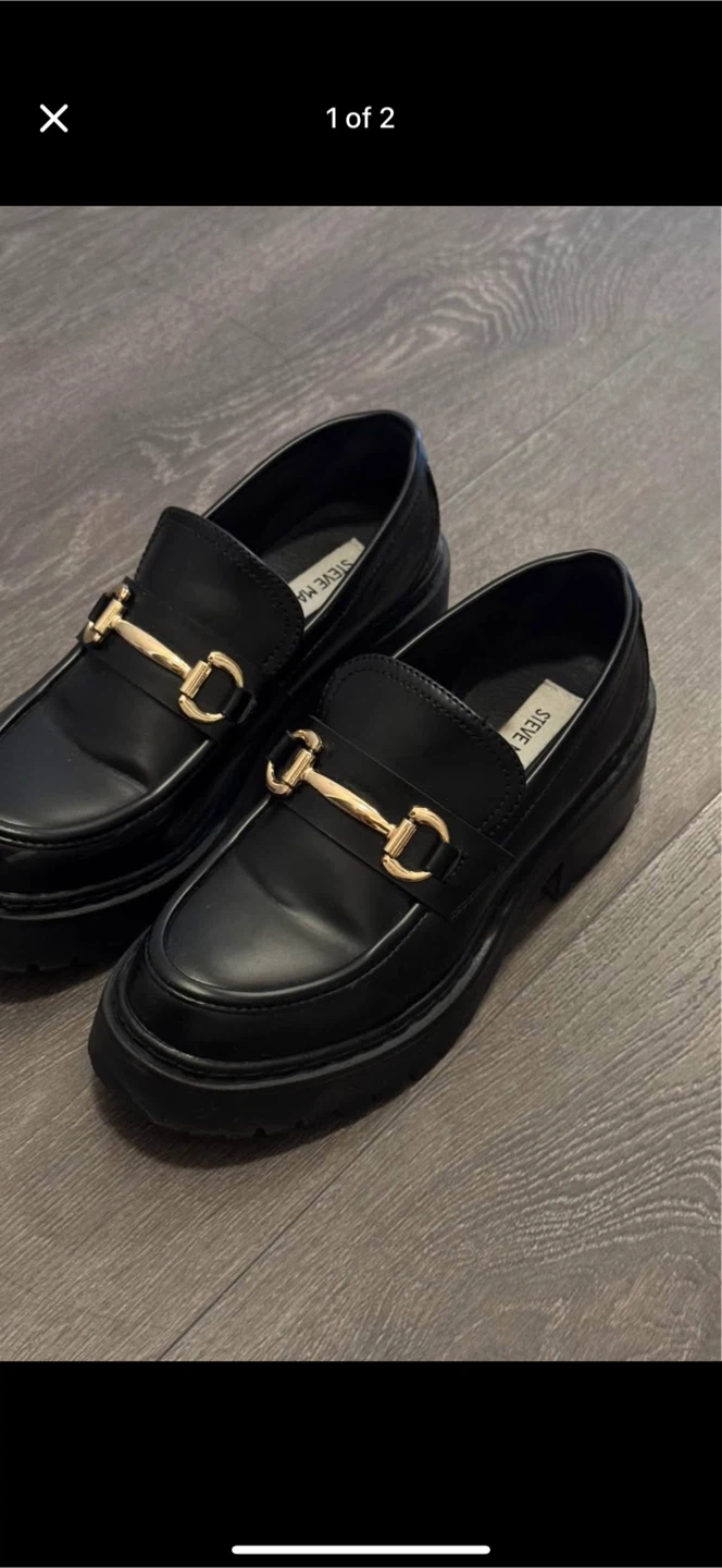 Steve Madden-Black Loafers-Gold Accents-Size:38