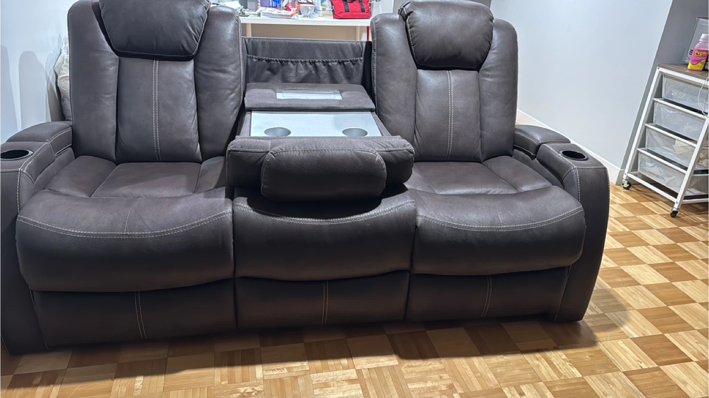 Brown Faux Leather Reclining Loveseat with Power Console - photo 2