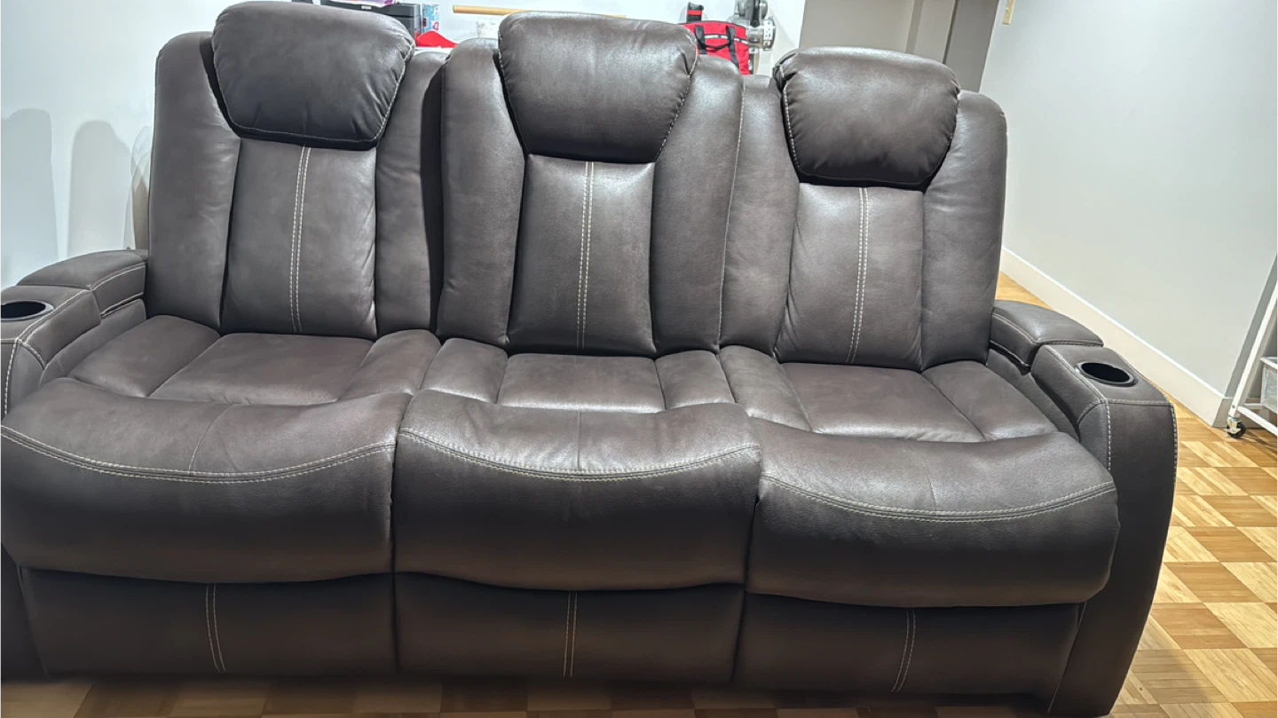 Brown Faux Leather Reclining Loveseat with Power Console