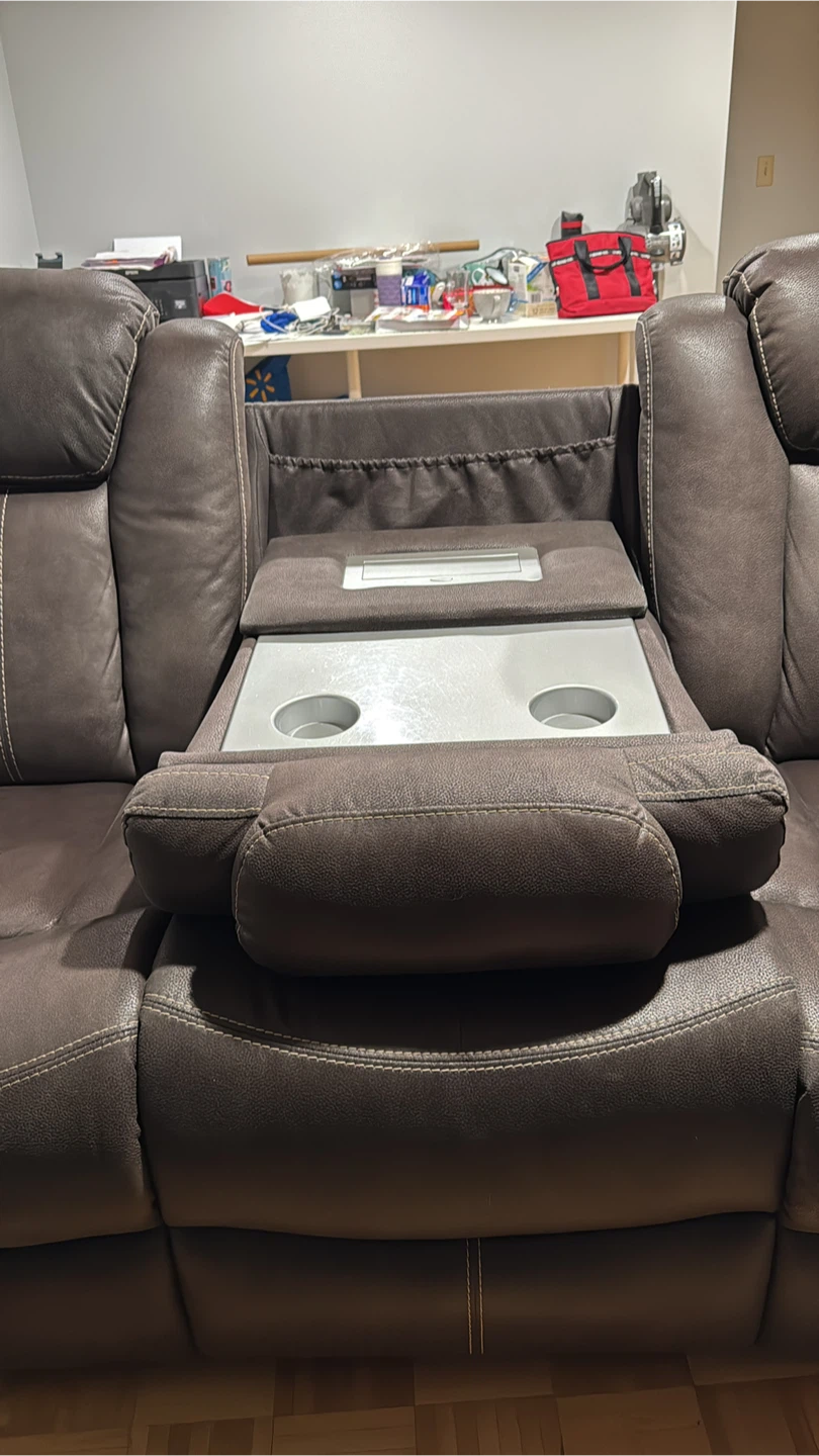 Brown Faux Leather Reclining Loveseat with Power Console - photo 3