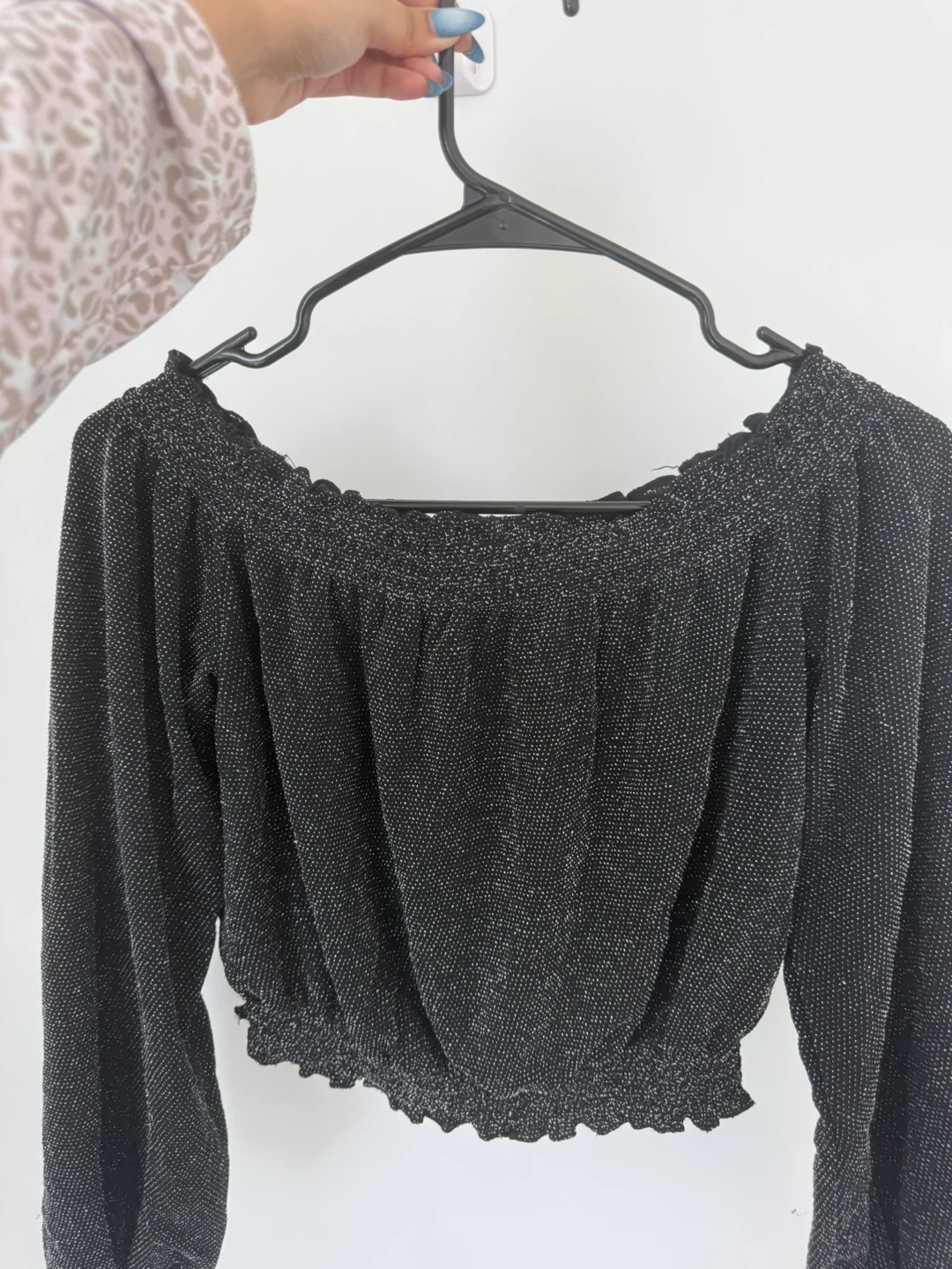 Black sparkle off-the-shoulder long sleeve crop top - Size S - photo 3