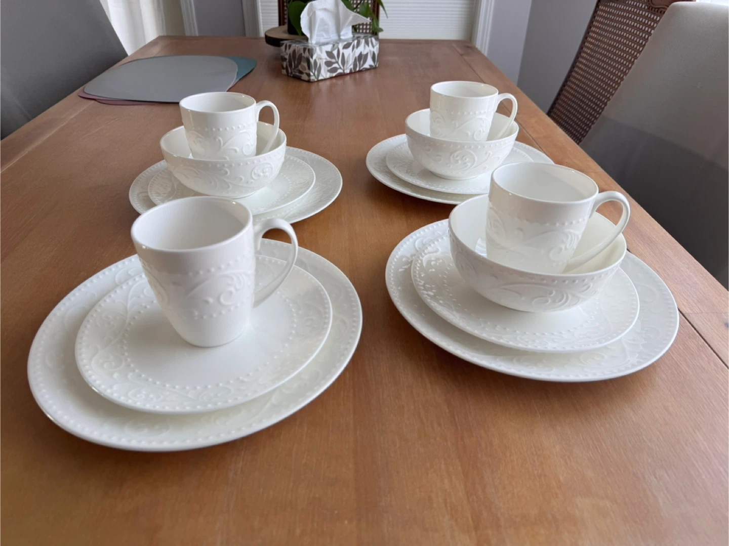 White Embossed Dinnerware Set - 4 Mugs, 4 Bowls, 4 Plates - photo 2