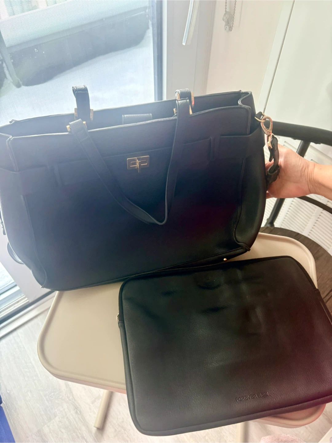 Black Faux Leather Tote Bag with Laptop Sleeve - photo 3