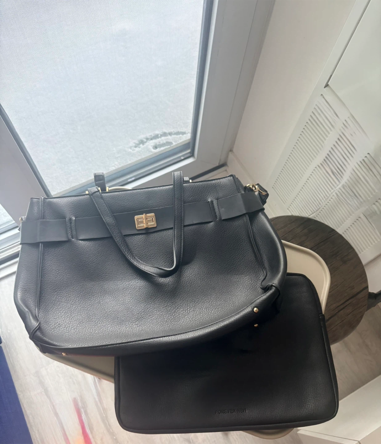 Black Faux Leather Tote Bag with Laptop Sleeve - photo 2