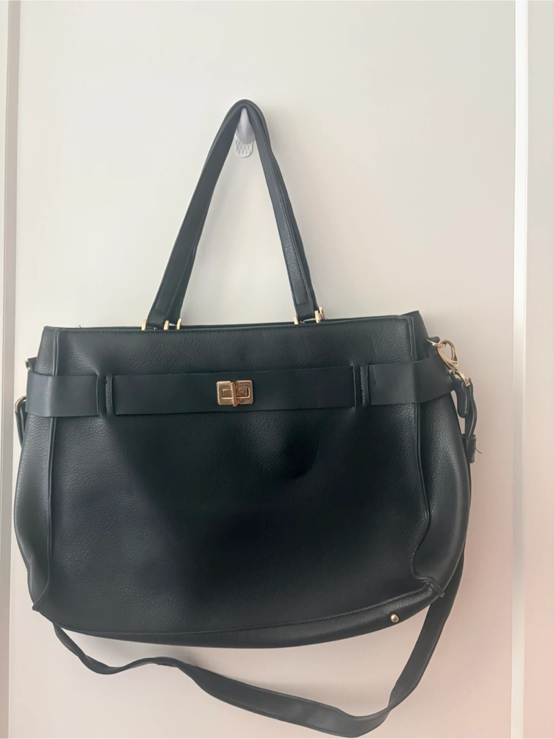 Black Faux Leather Tote Bag with Laptop Sleeve