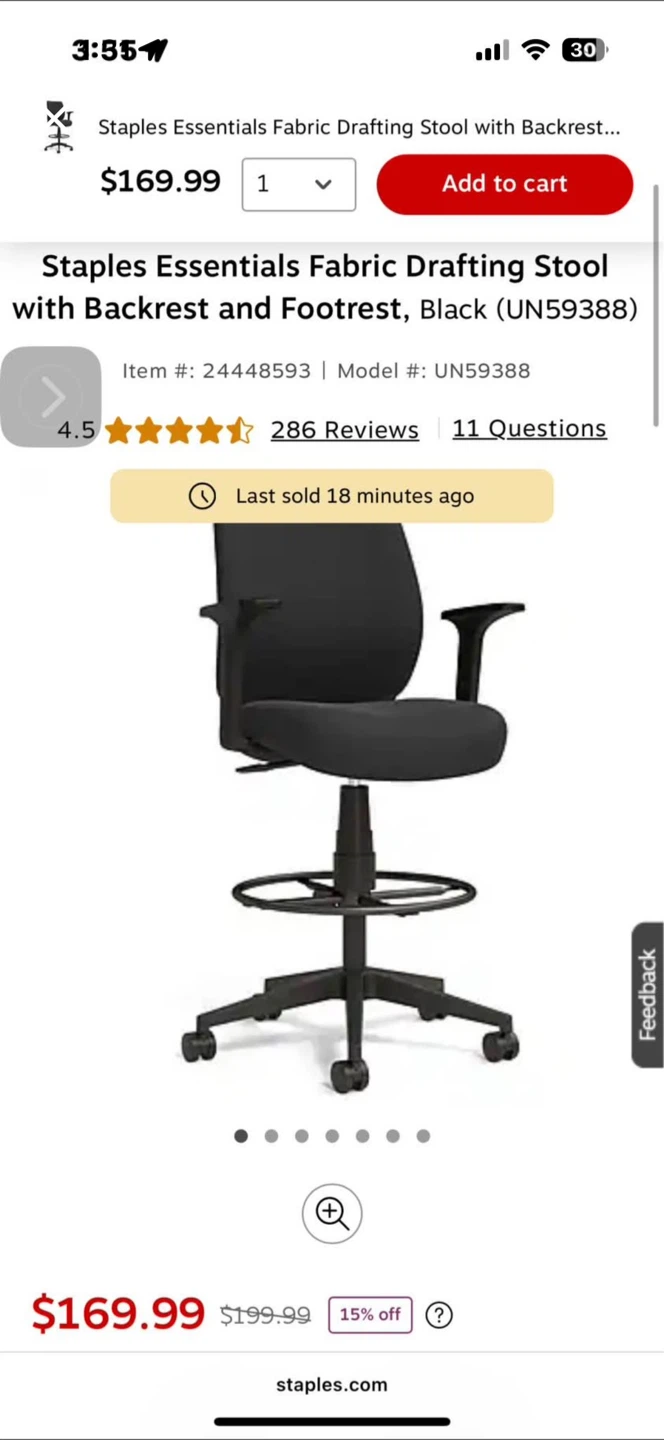 Staples Essentials Fabric Drafting Stool with Backrest - photo 2