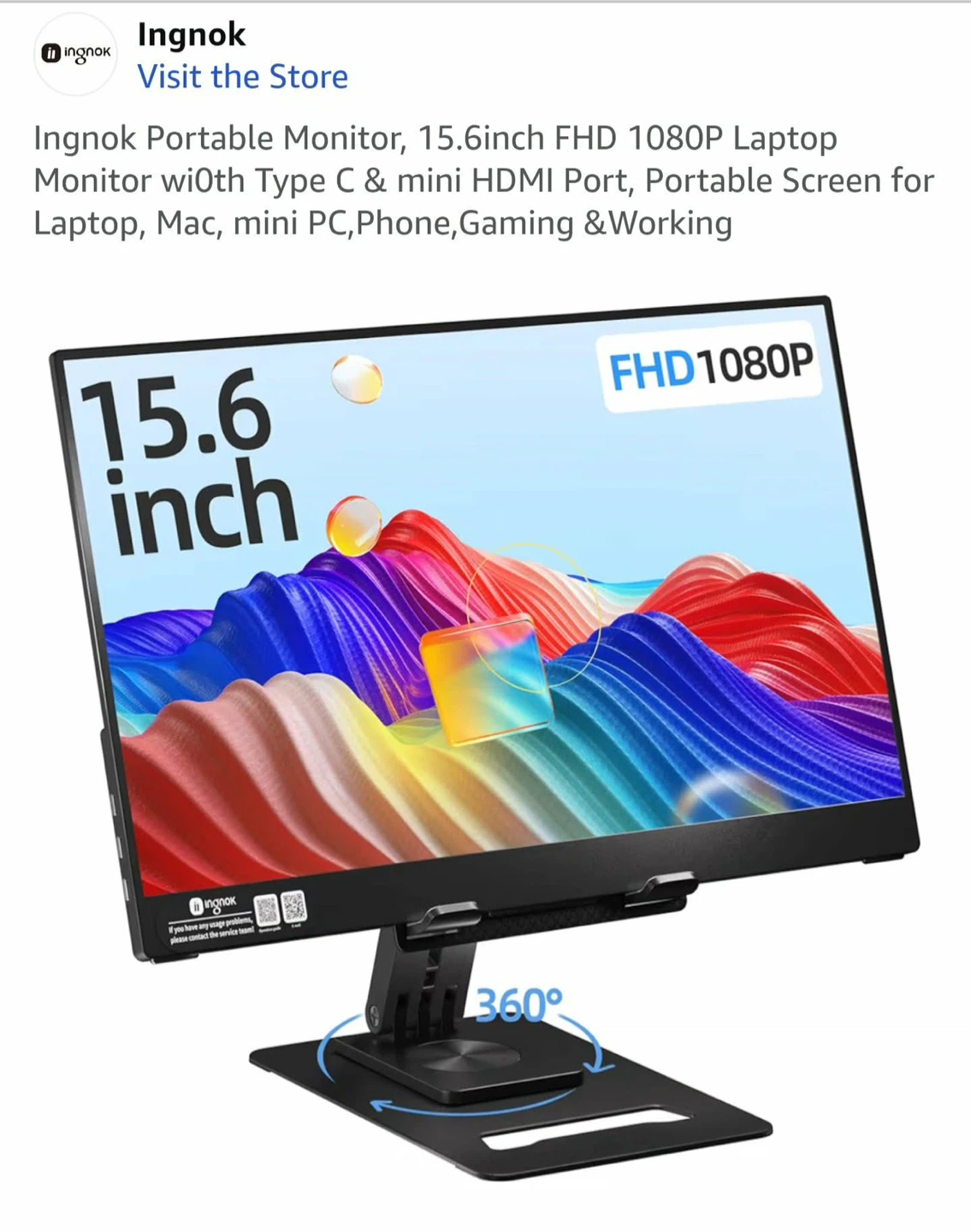 Ingnok Portable Monitor 15.6" FHD 1080P IPS Display - photo 2