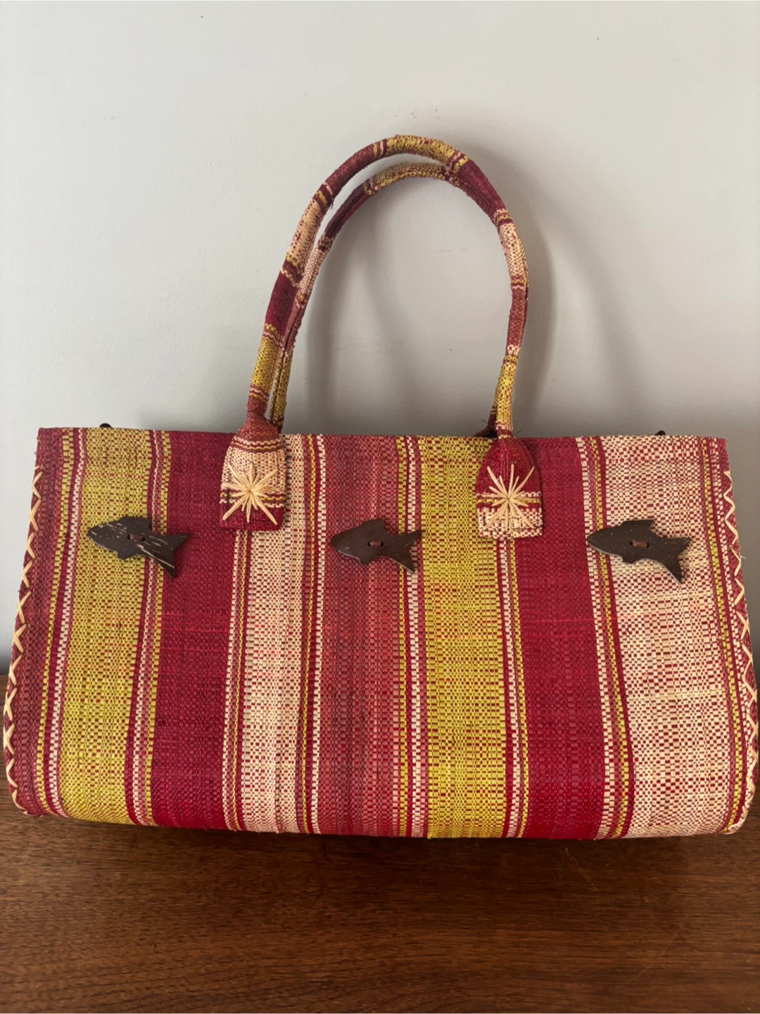 Striped Straw Tote Bag with Fish Clasps