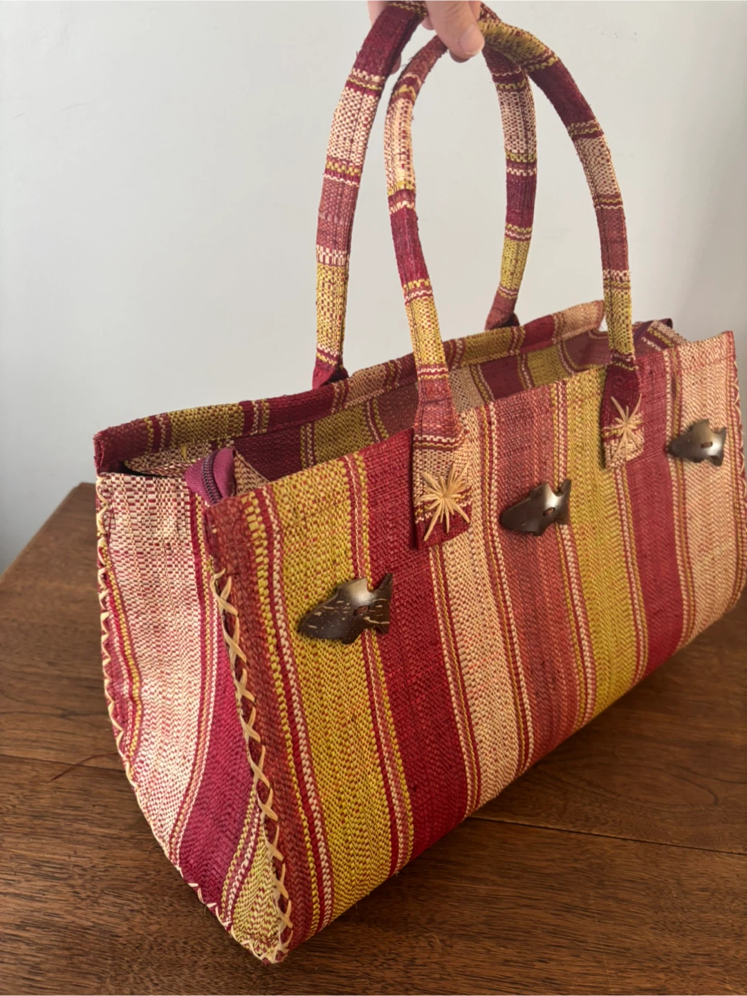 Striped Straw Tote Bag with Fish Clasps - photo 3