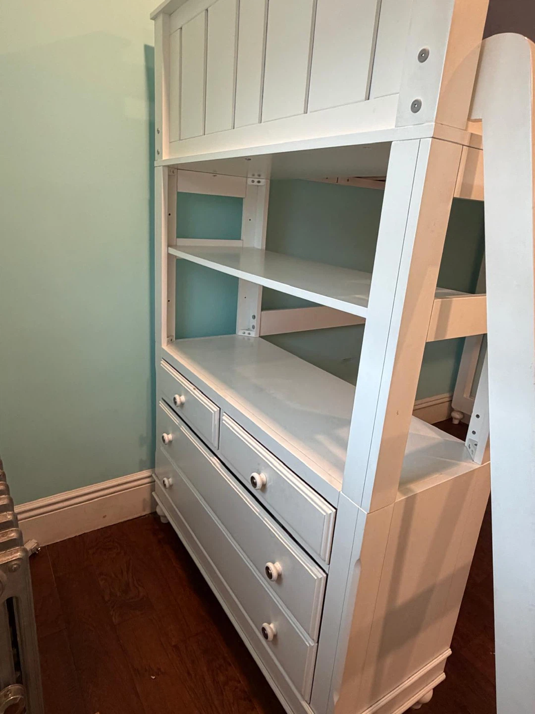 White Loft Bed with Drawers and Shelves and a desk - photo 3