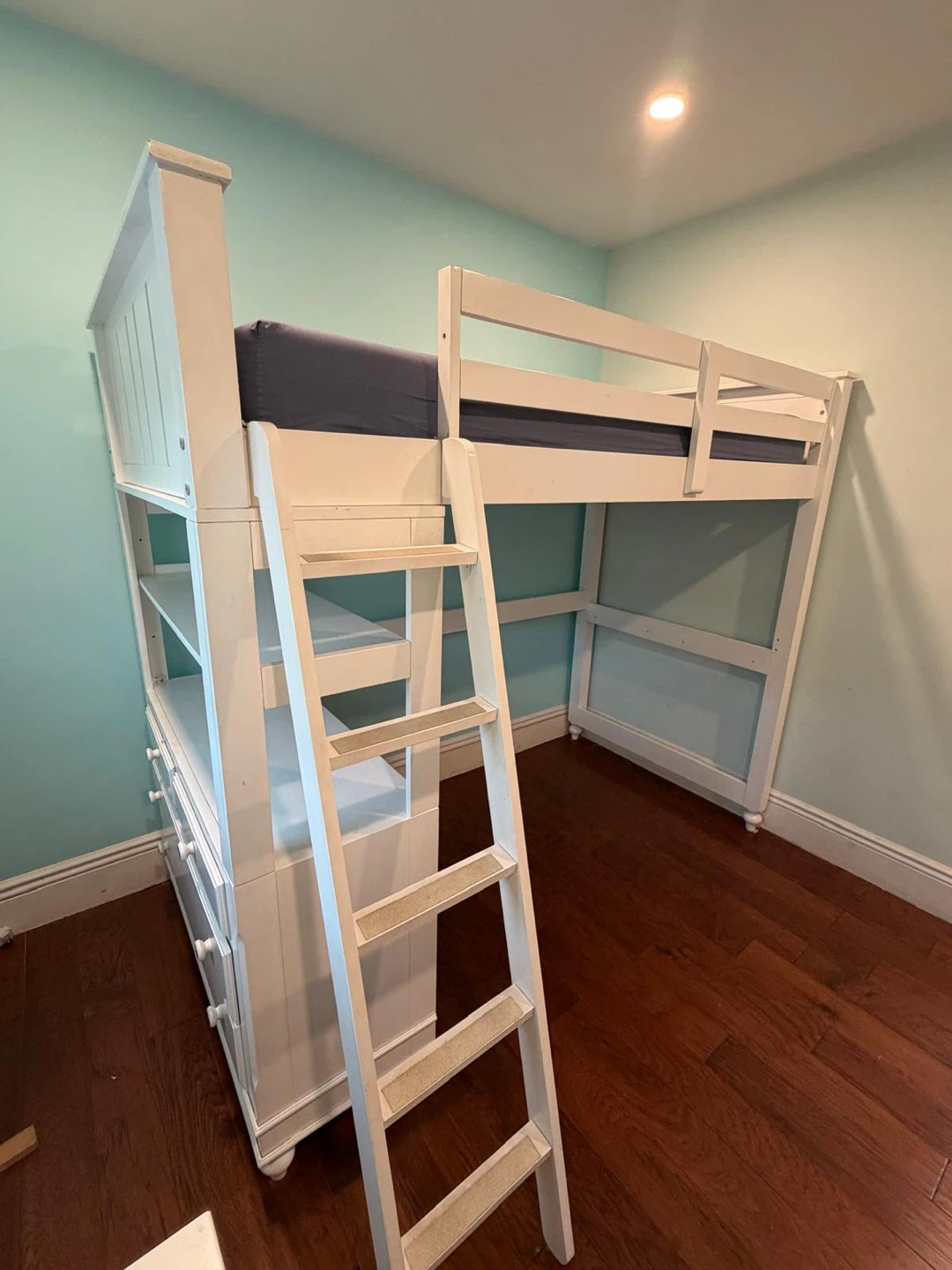White Loft Bed with Drawers and Shelves and a desk - photo 2