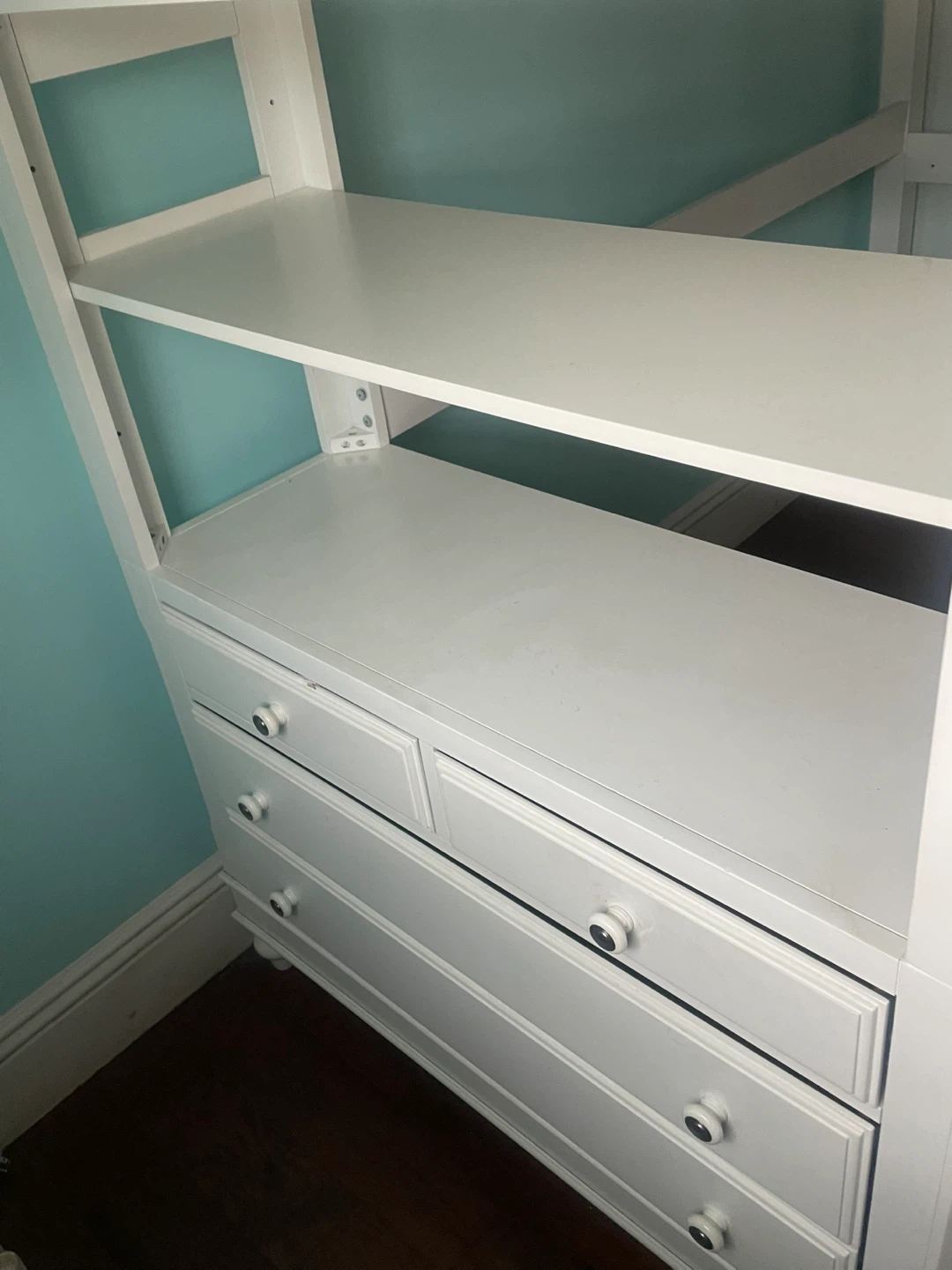 White Loft Bed with Drawers and Shelves and a desk - photo 5