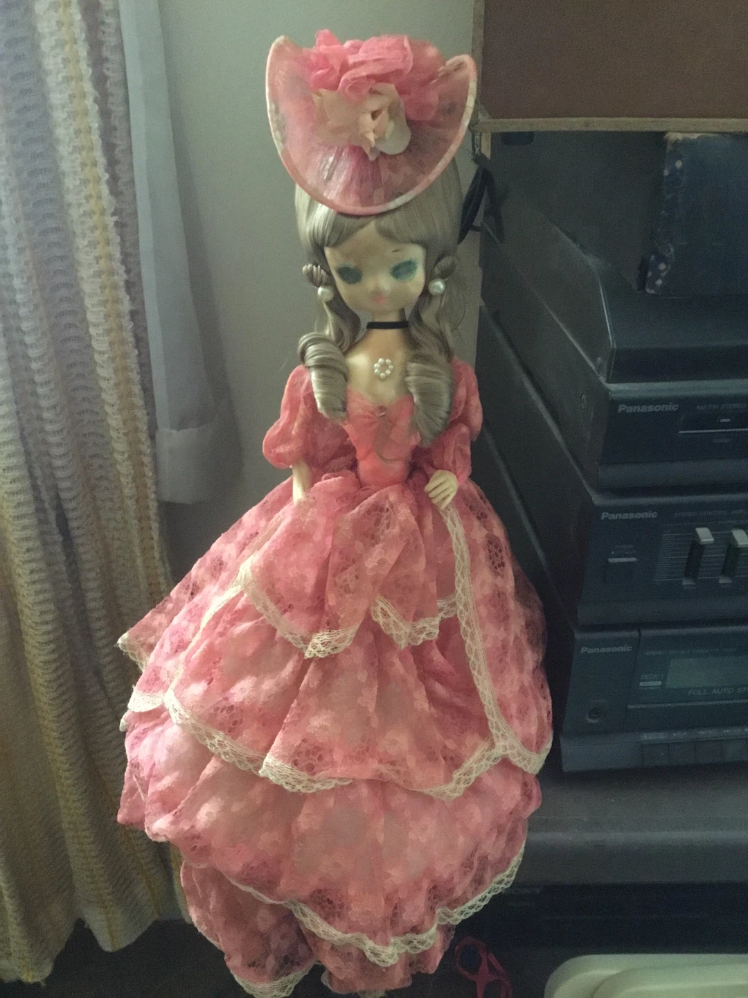 Vintage Doll in Pink Lace Dress and Hat